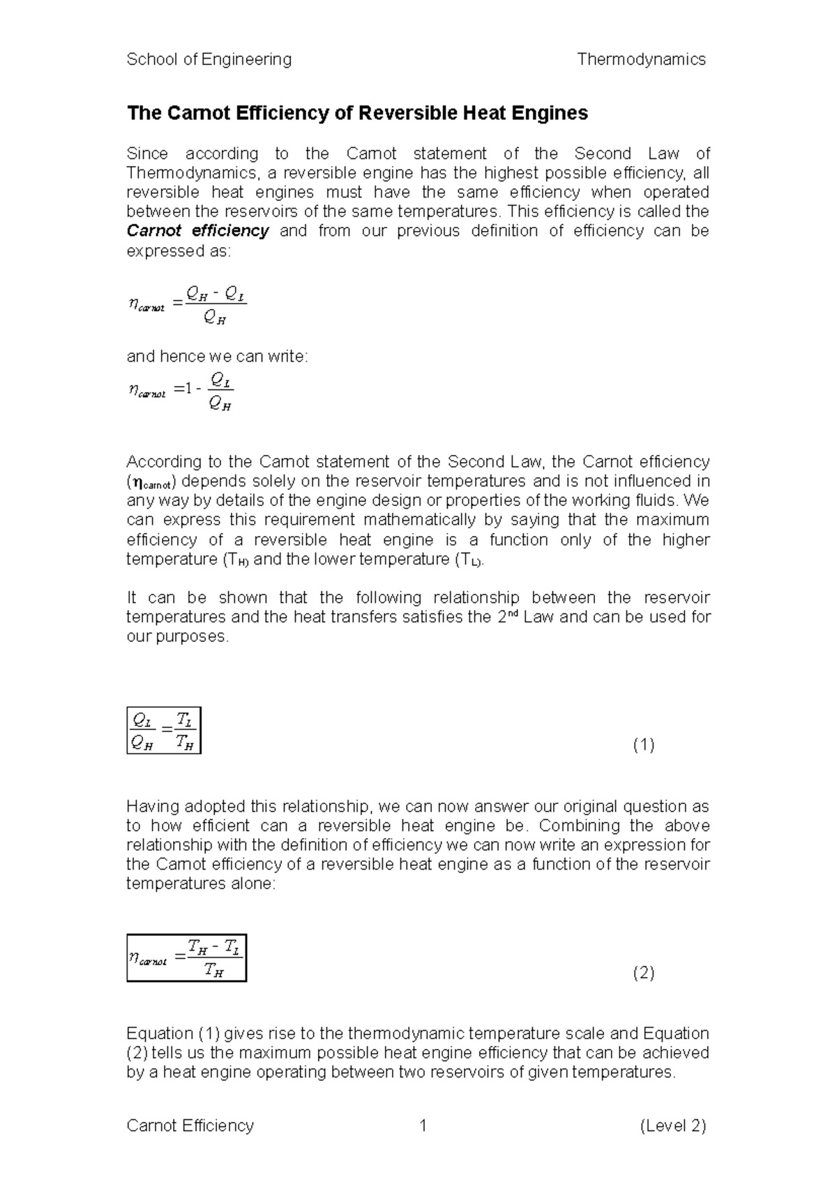 3 The Carnot Efficiency of Reversible Heat Engines - School of ...