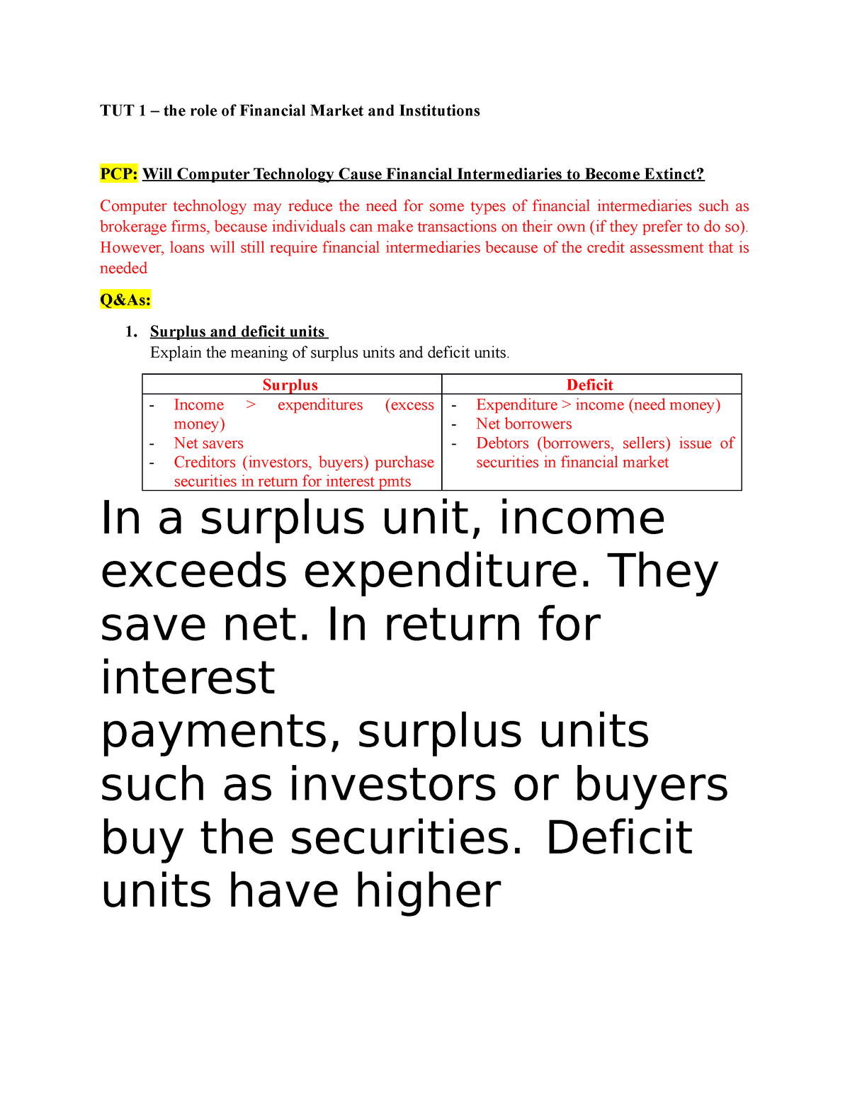 Tut 1 Fsy Tut 1 TUT 1 The Role Of Financial Market And Institutions PCP Will Computer