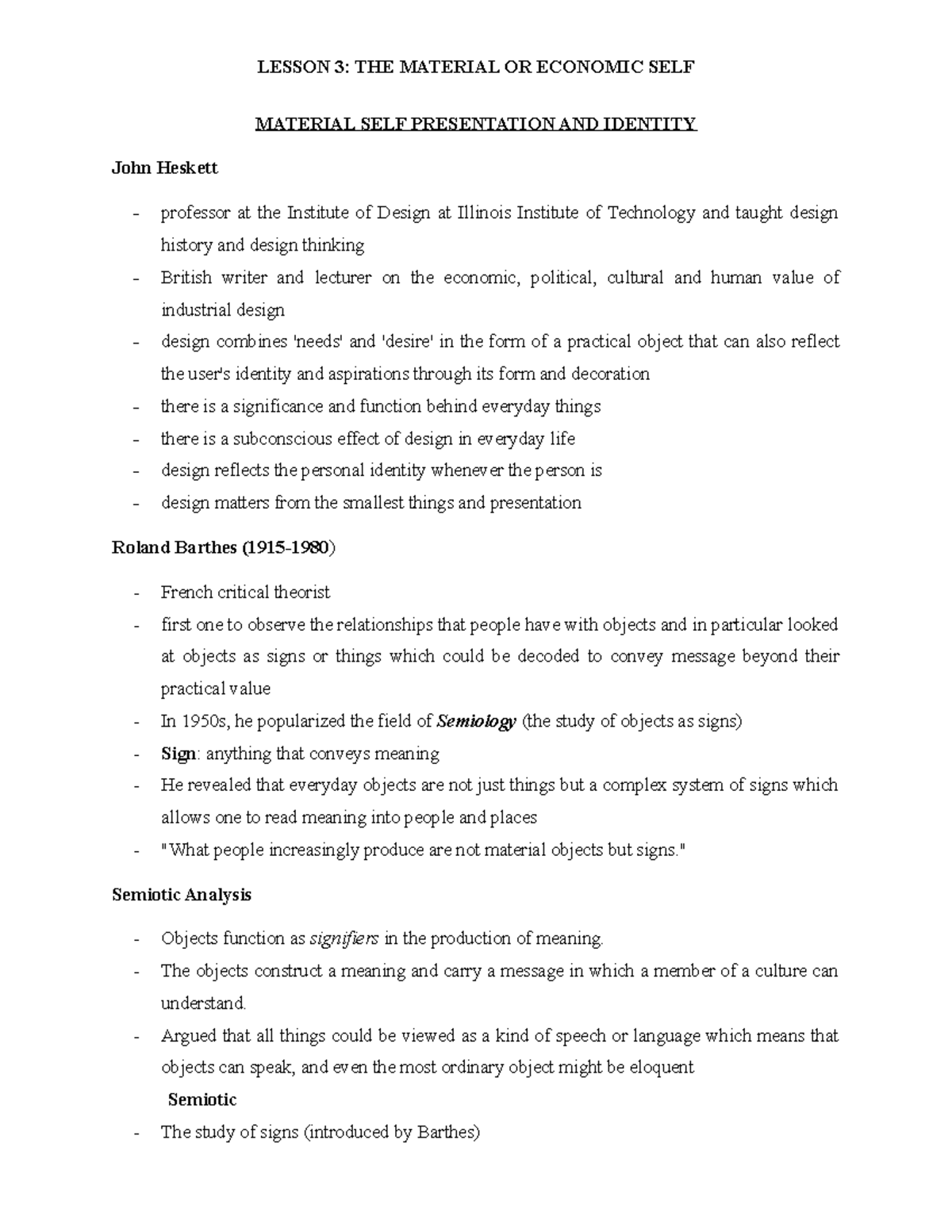 Written Report Lesson 3 THE Material OR Economic SELF StuDocu