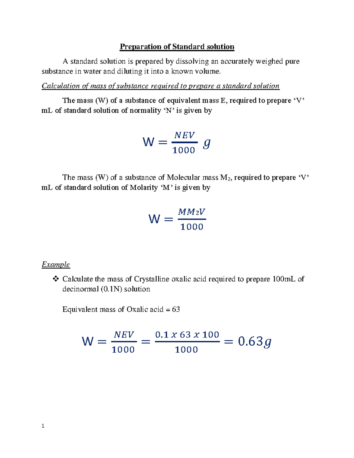 Physics Lab Experiments Preparation of Standard solution A standard