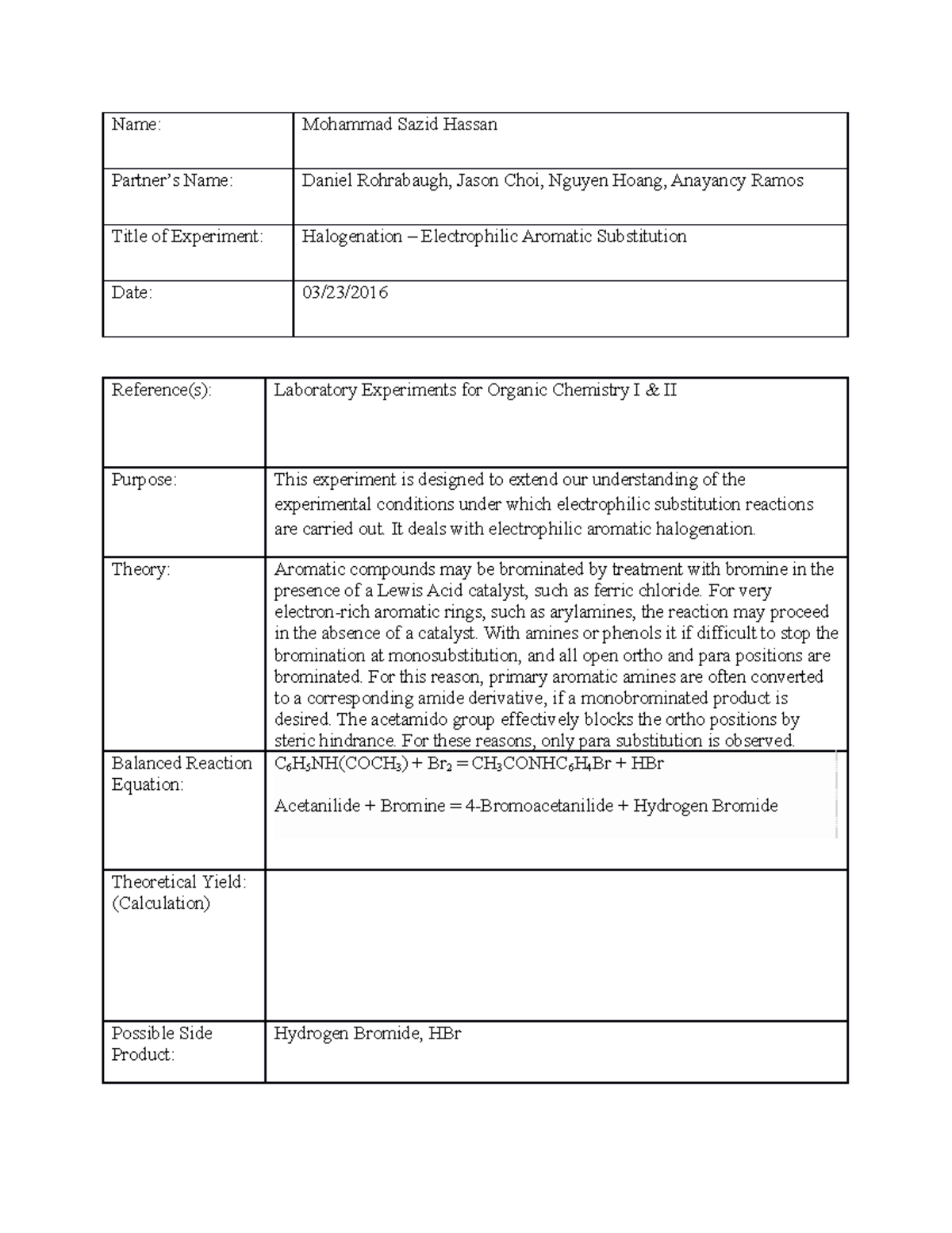 Halogenation Lab Report - Name: Mohammad Sazid Hassan Partner’s Name ...