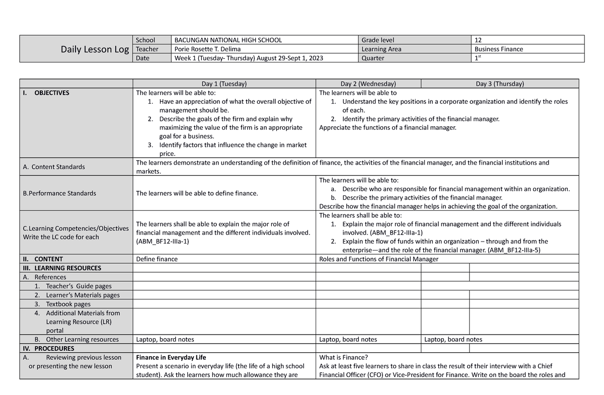 Business Finance Daily Lesson Log week 1 - Daily Lesson Log School ...