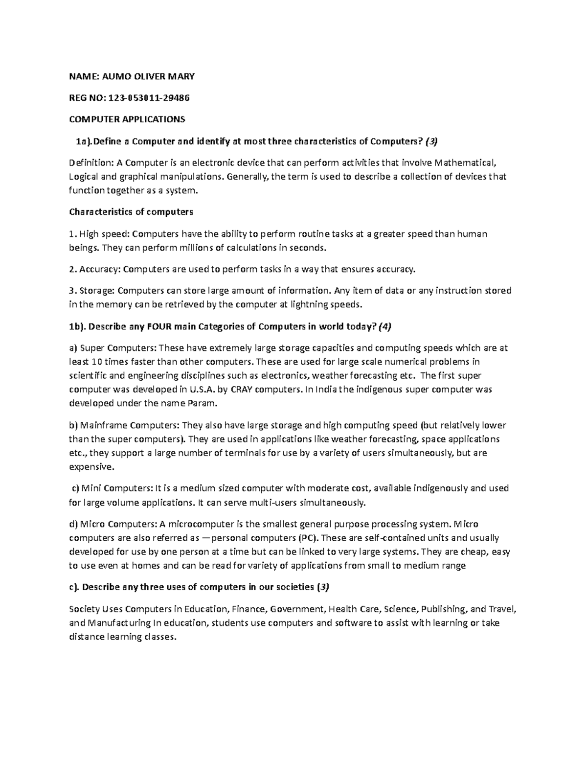 Oliver COMP TEST Law NAME AUMO OLIVER MARY REG NO 123053011