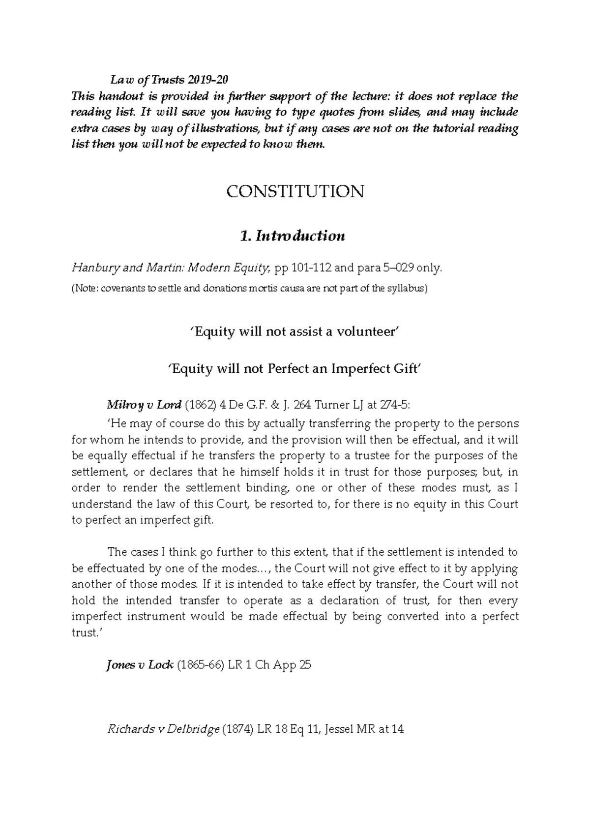 Constitution - Law of Trusts 2019- This handout is provided in further ...