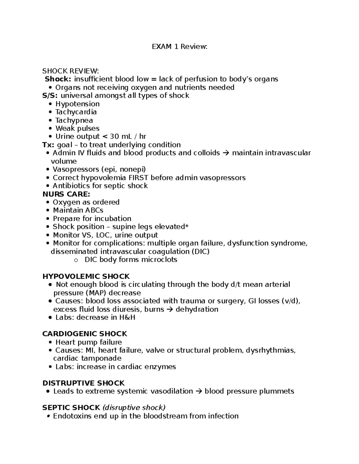 Review of shock (septic, hypo, cardio, anaphylactic) - EXAM 1 Review ...
