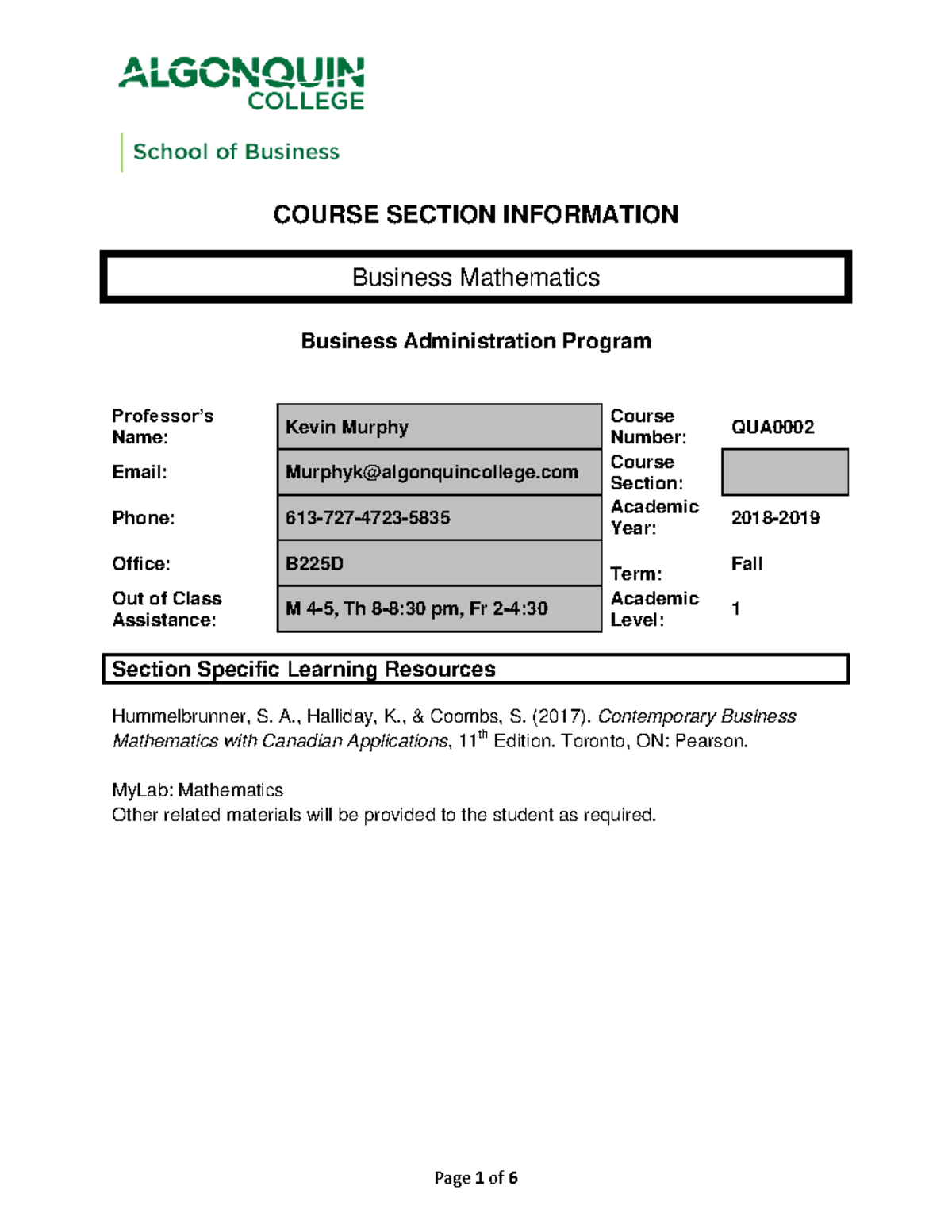 CSI-QUA0002 - COURSE SECTION INFORMATION Business Mathematics Business ...