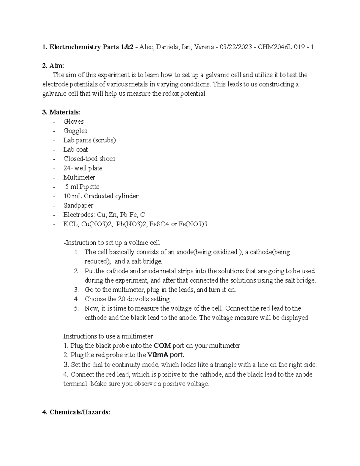 Electrochemistry pre lab 1. Electrochemistry Parts 1&2 Alec