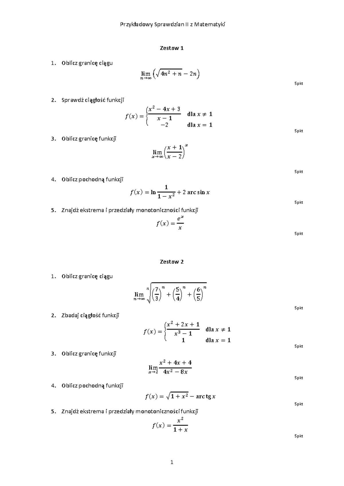 Przykładowy Sprawdzian II Matematyka - Przykładowy Sprawdzian II z