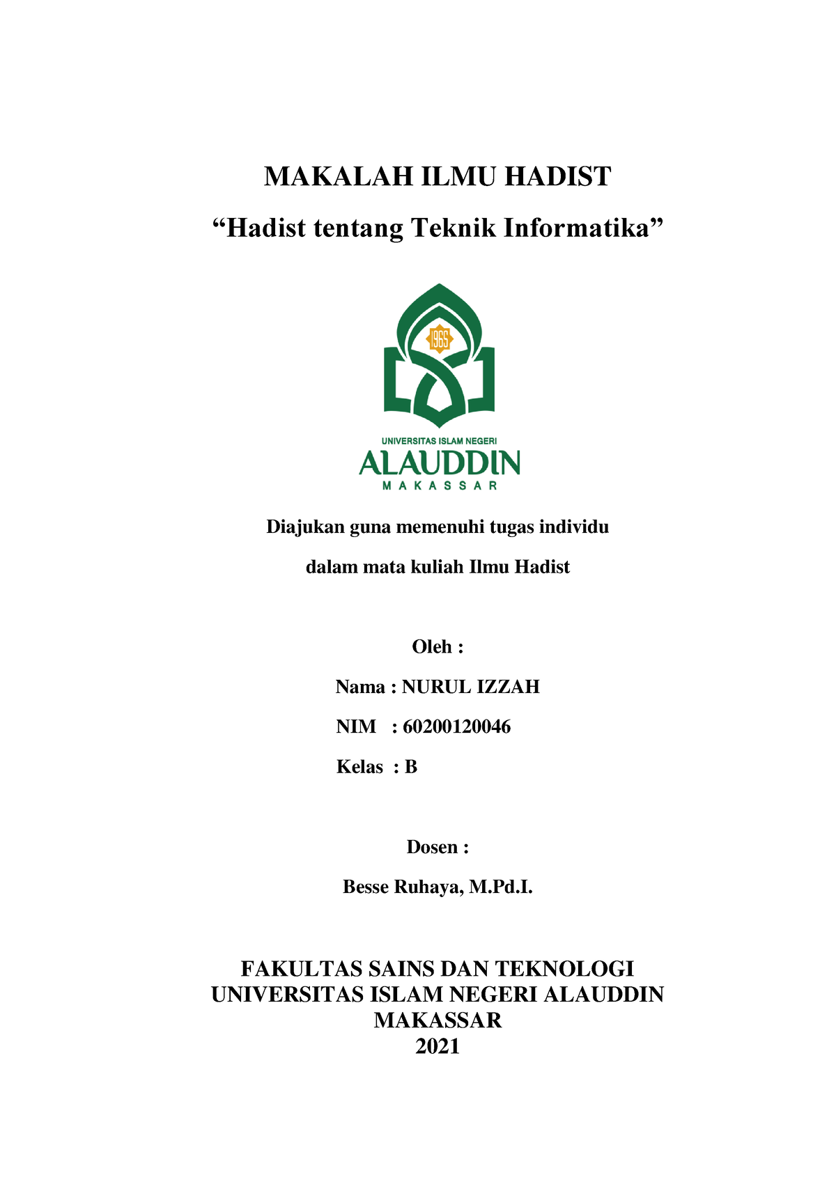 Makalah ILMU Hadis Nurul Izzah 602001 20046 - MAKALAH ILMU HADIST ...