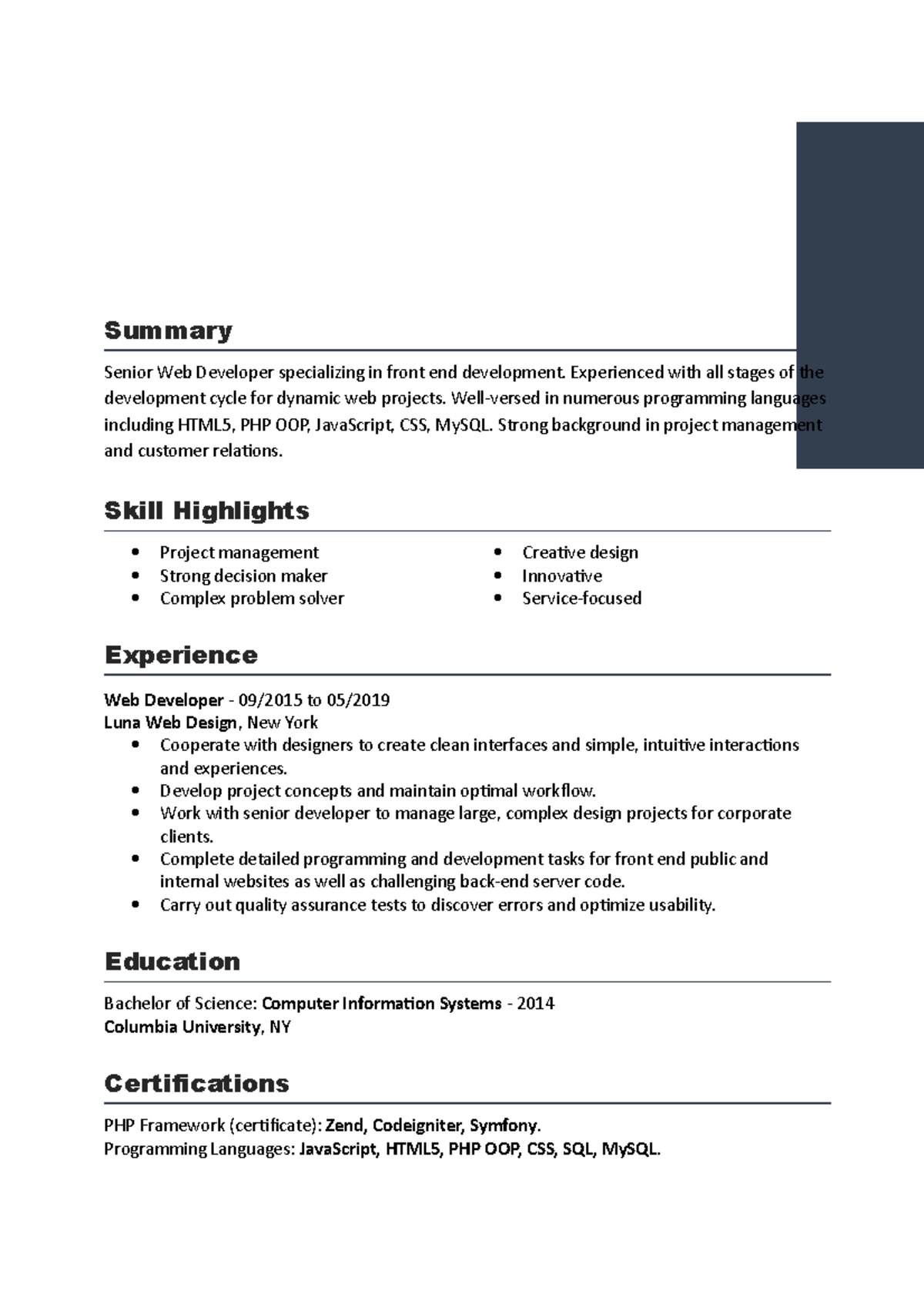 Resume 001 - Summary Senior Web Developer specializing in front end ...