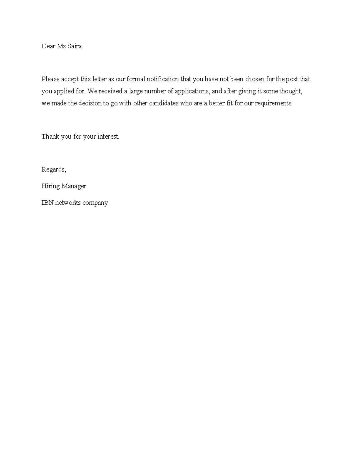 Bad letter - good document - Modern Novel - Dear Ms Saira Please accept ...