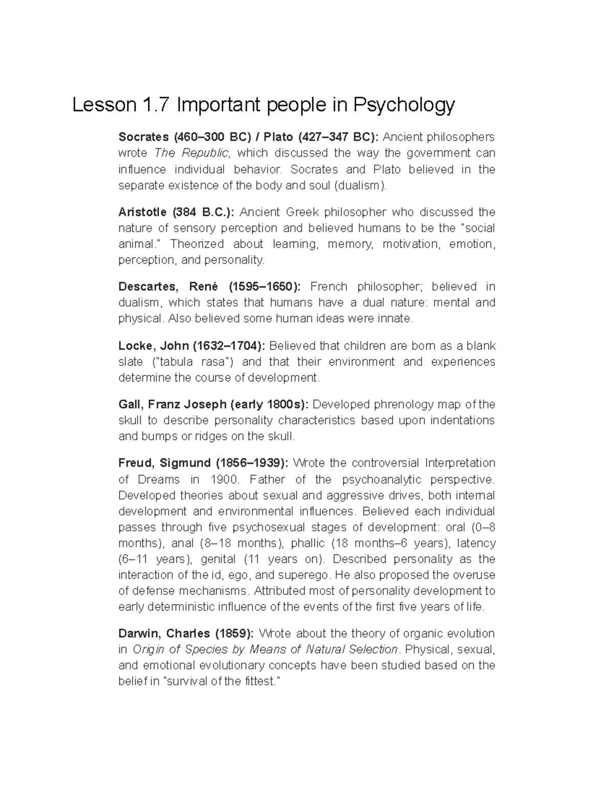 Psychology Notes - Lesson 1 Important people in Psychology Socrates ...