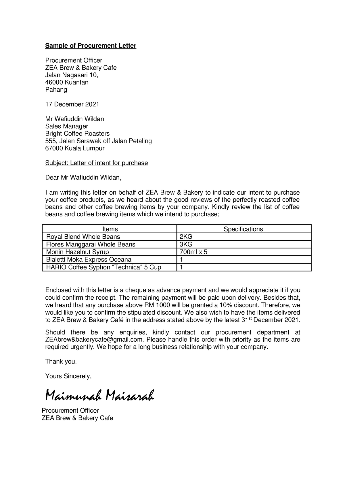 Sample of Procurement Letter - Sample of Procurement Letter Procurement ...