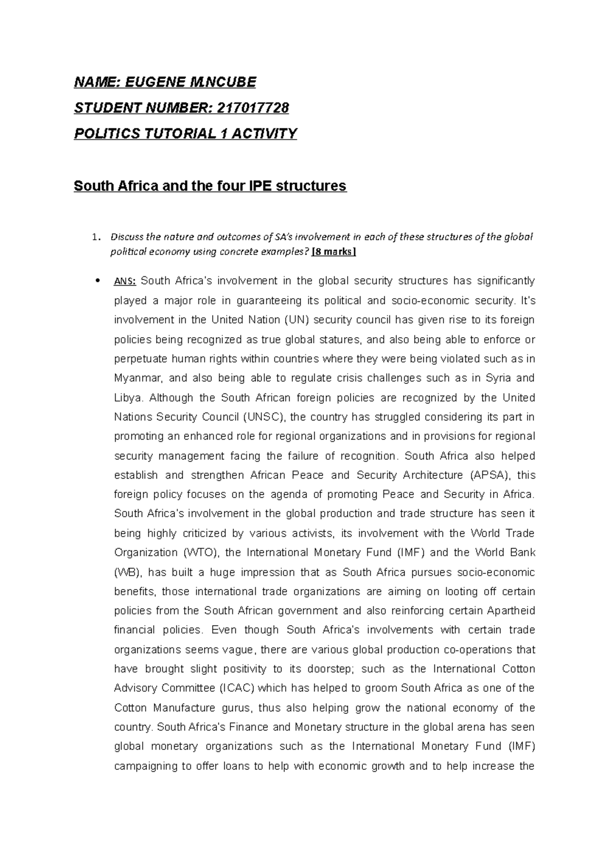 Politics Tutorial 1 Activity - NAME: EUGENE M STUDENT NUMBER: 217017728 ...