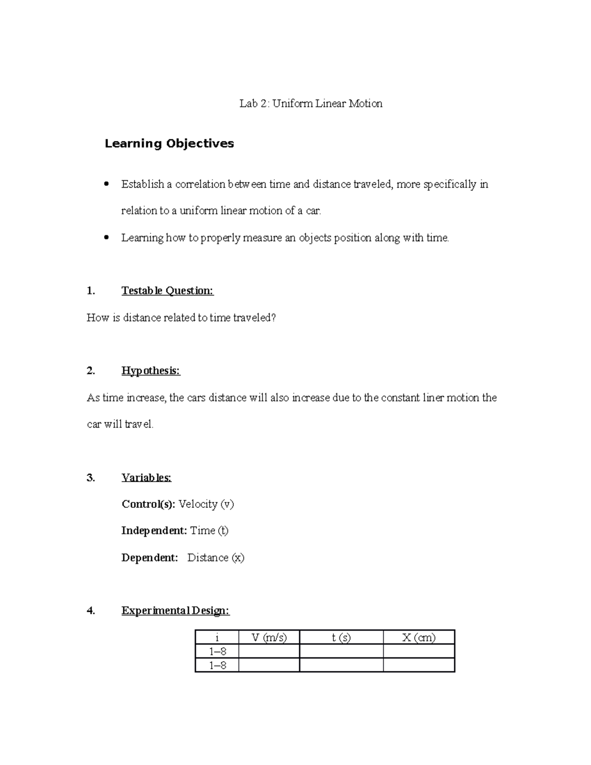 Lab 2 Uniform Linear Motion Lab 2 Uniform Linear Motion Learning