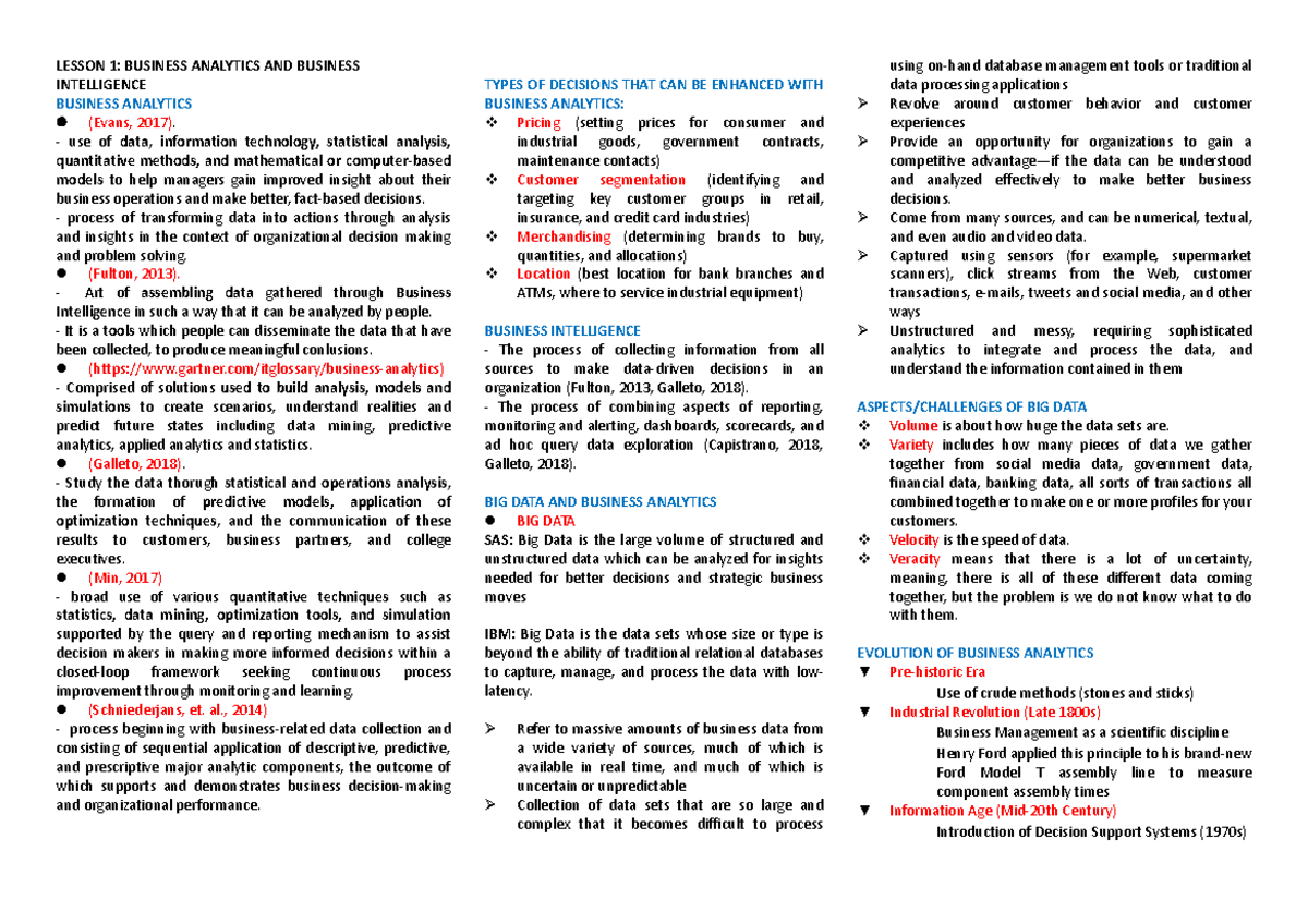 Lesson 1 buma - Reviewer buma - LESSON 1 : BUSINESS ANALYTICS AND ...