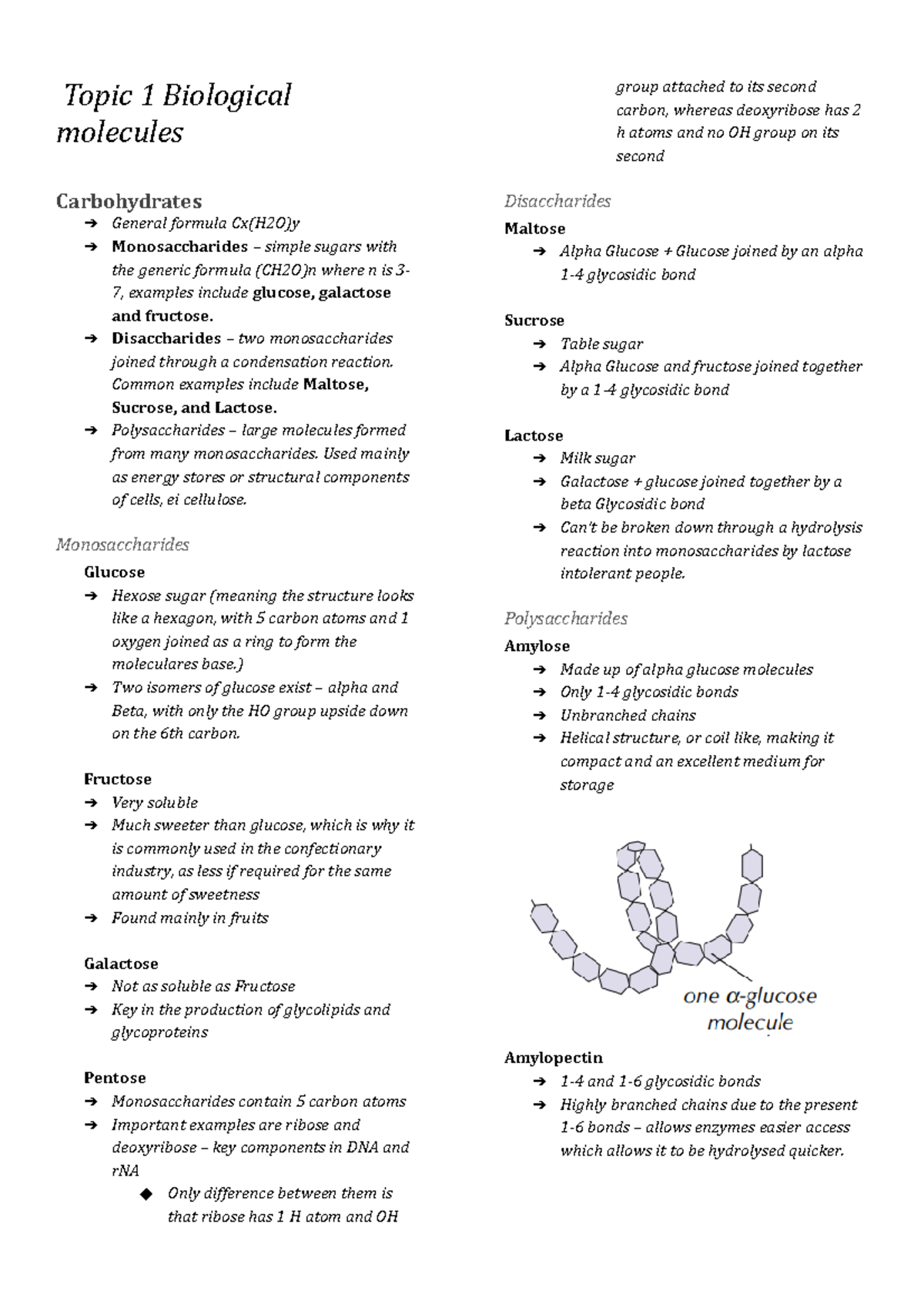 Biology revision Topic 1 Biological molecules Carbohydrates General