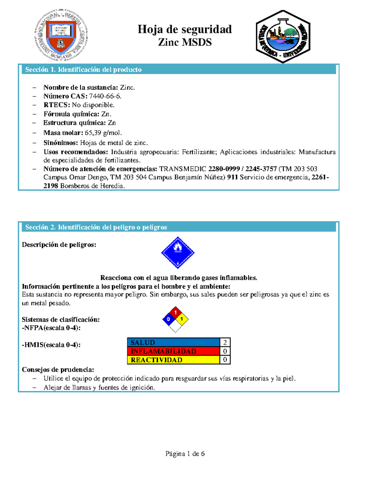 ficha técnica del zinc Hoja de seguridad Zinc MSDS Sección 1