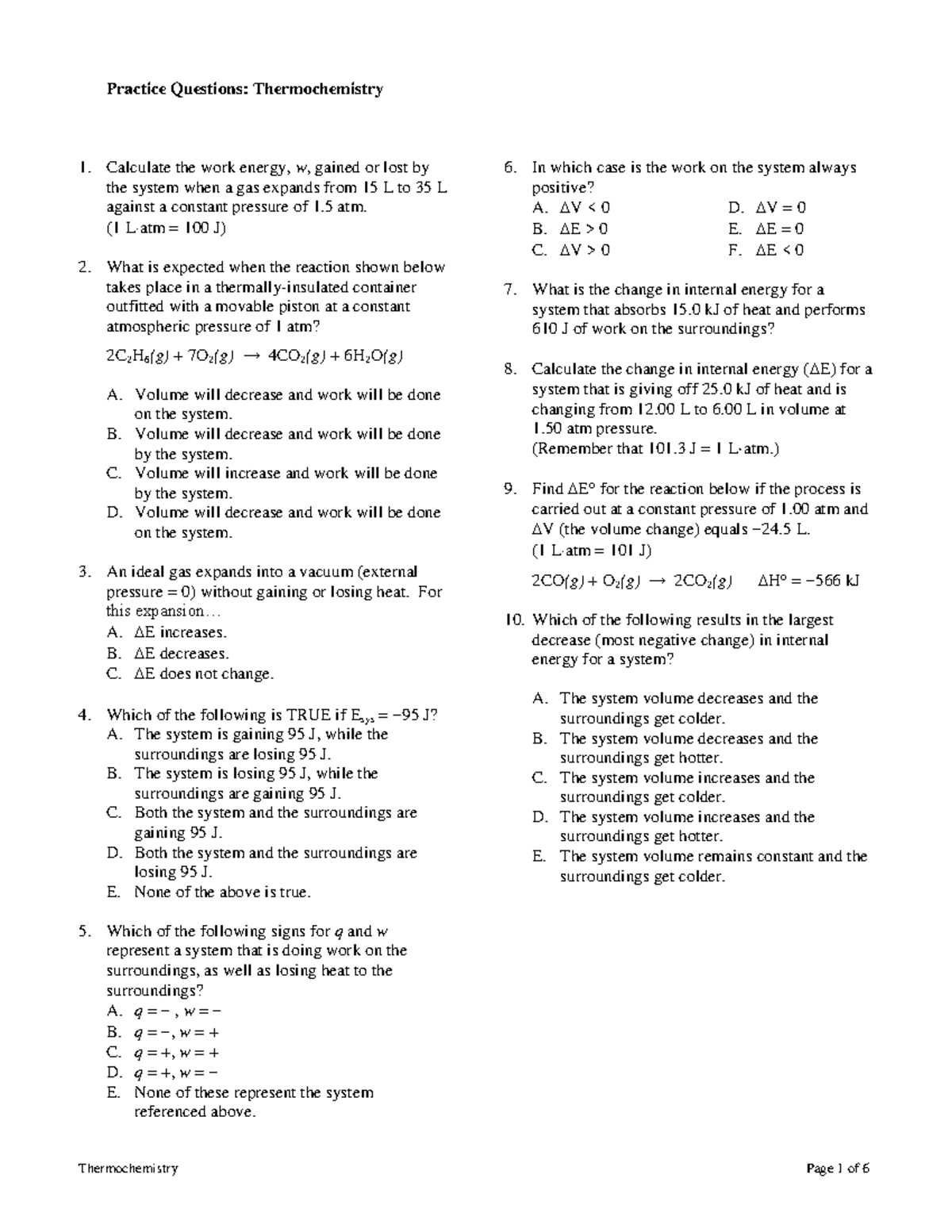 Practice Problems Thermochemistry Practice Questions Thermochemistry