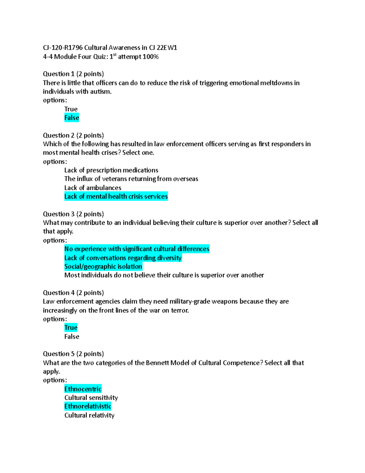 4-4 Module Quiz - Quiz Answers 100% - CJ-120-R1796 Cultural Awareness ...