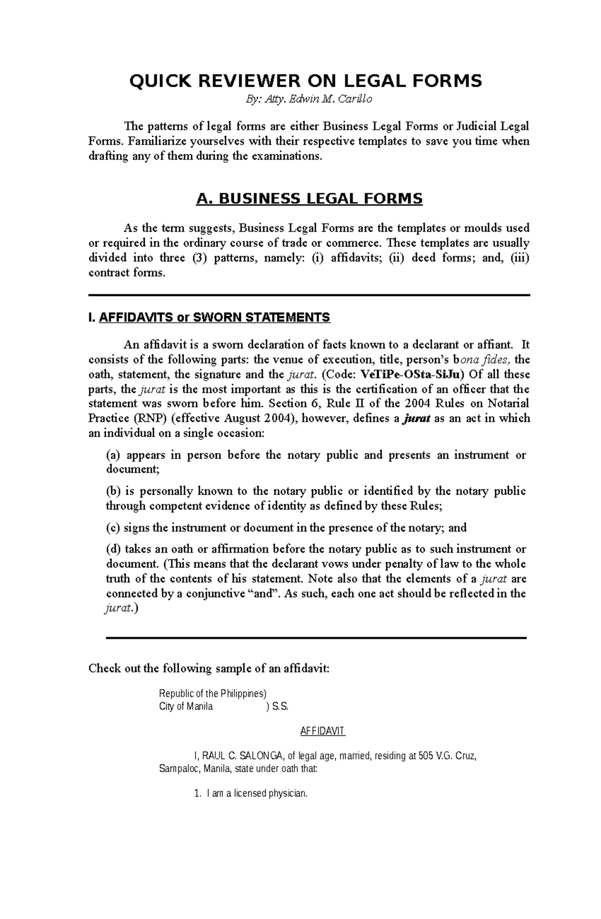 LEGAL FORMS REVIEWER By Atty. Edwin M. Carillo The patterns of legal