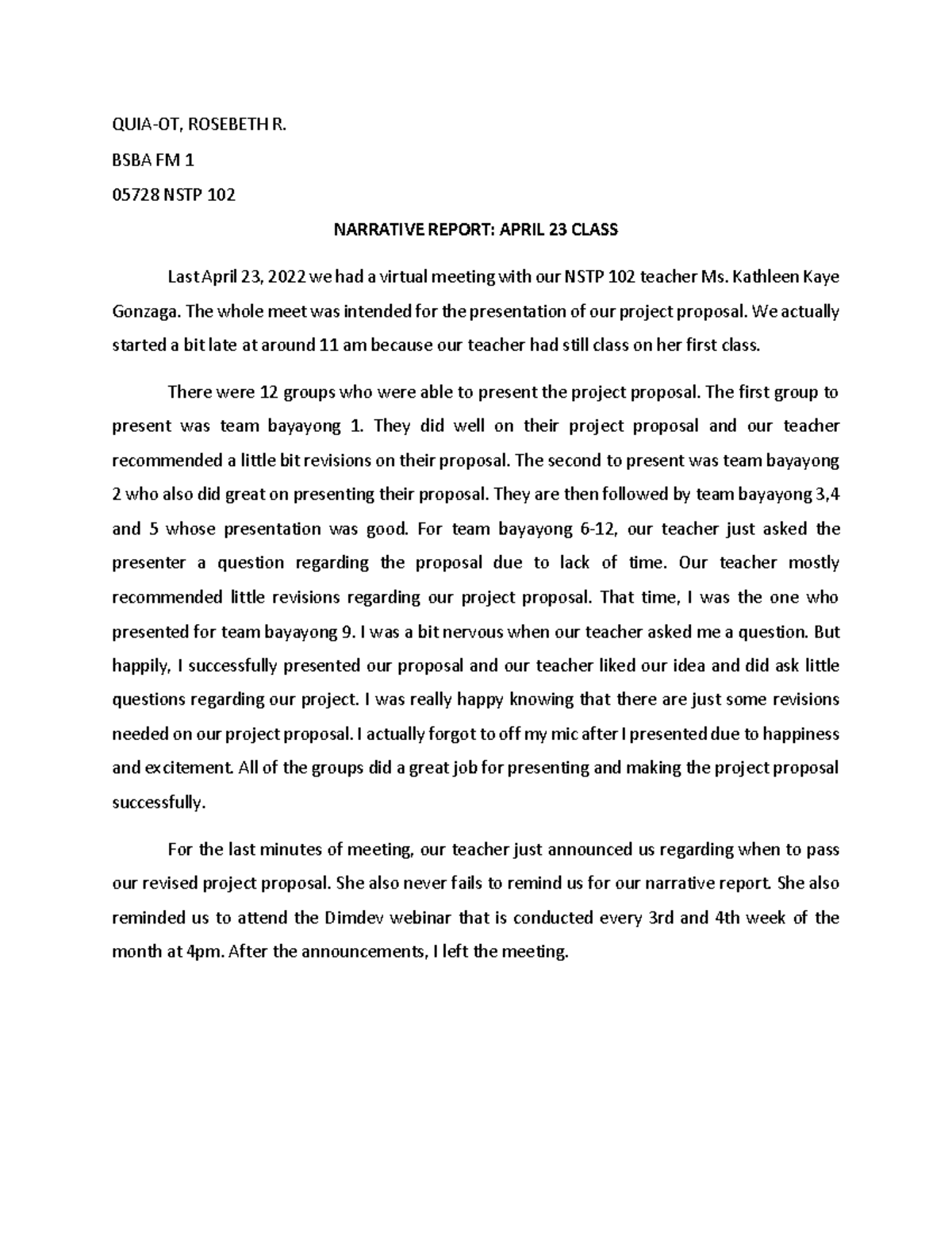 QUIA-OT Narrative Report April 23 - QUIA-OT, ROSEBETH R. BSBA FM 1 ...