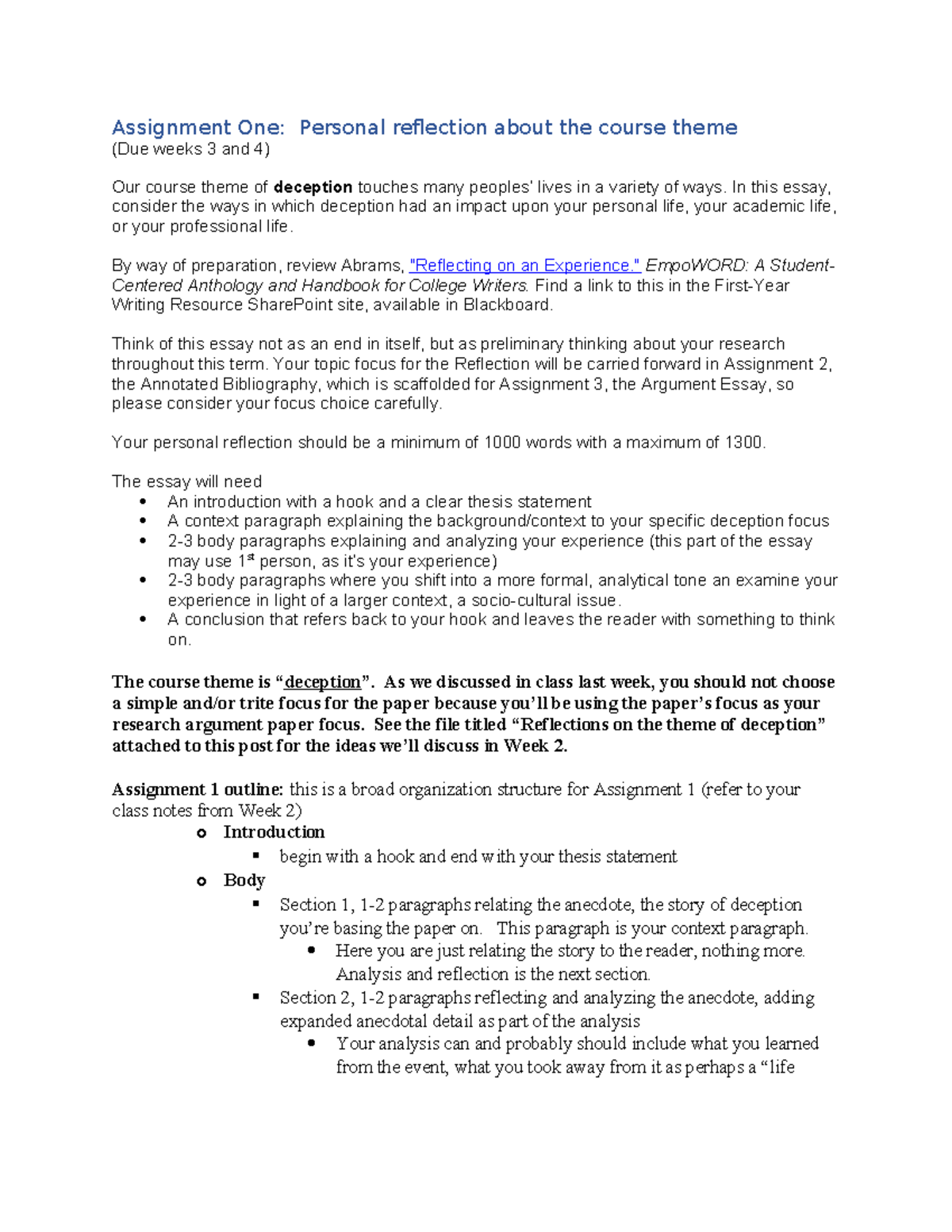 Assignment One Reflection(1) - Assignment One: Personal reflection ...