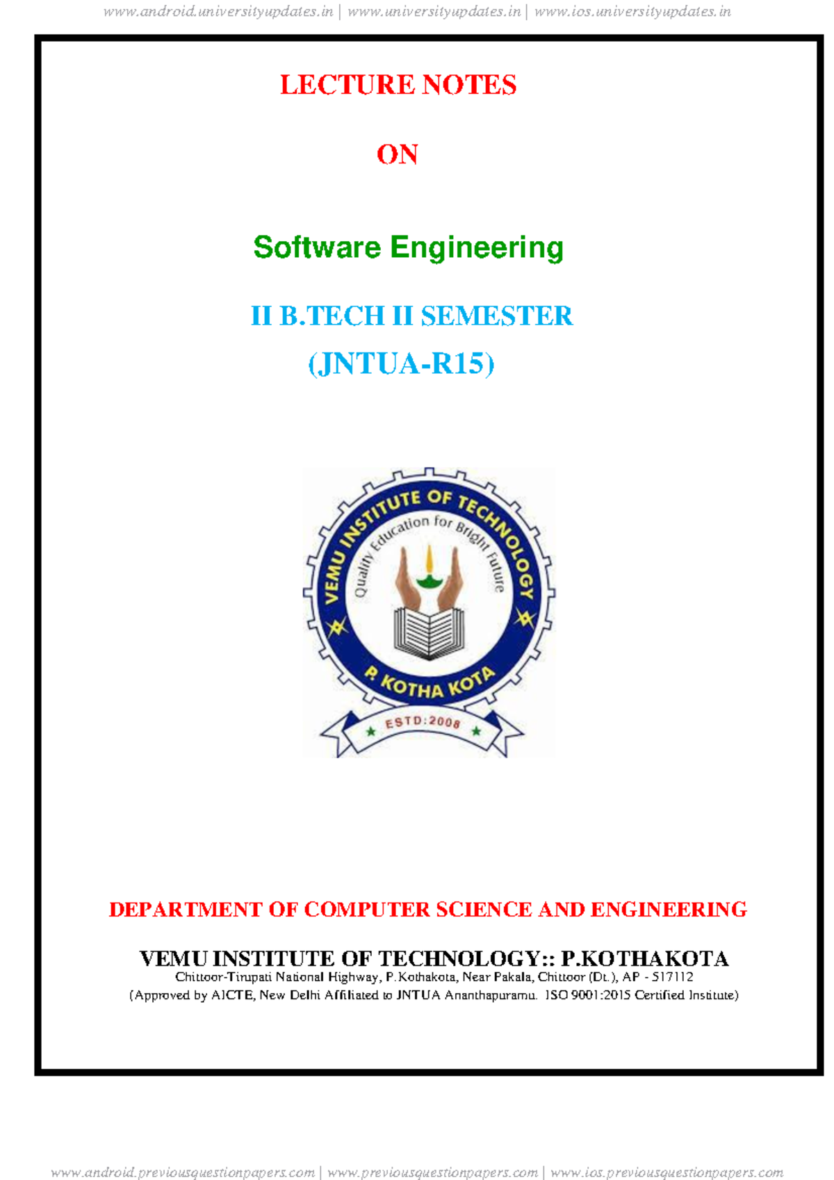 Jntua Software Engineering Notes - LECTURE NOTES ON Computer ...