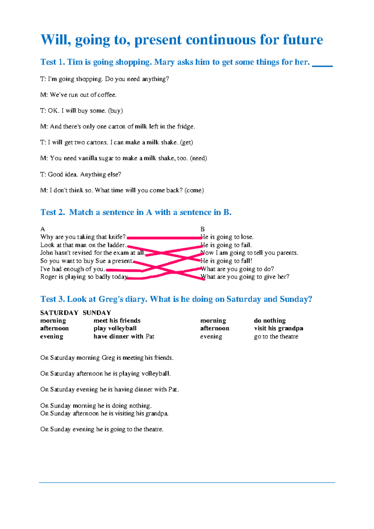 Future FORM 2 will going to present continuous exercise 2 - Will, going ...