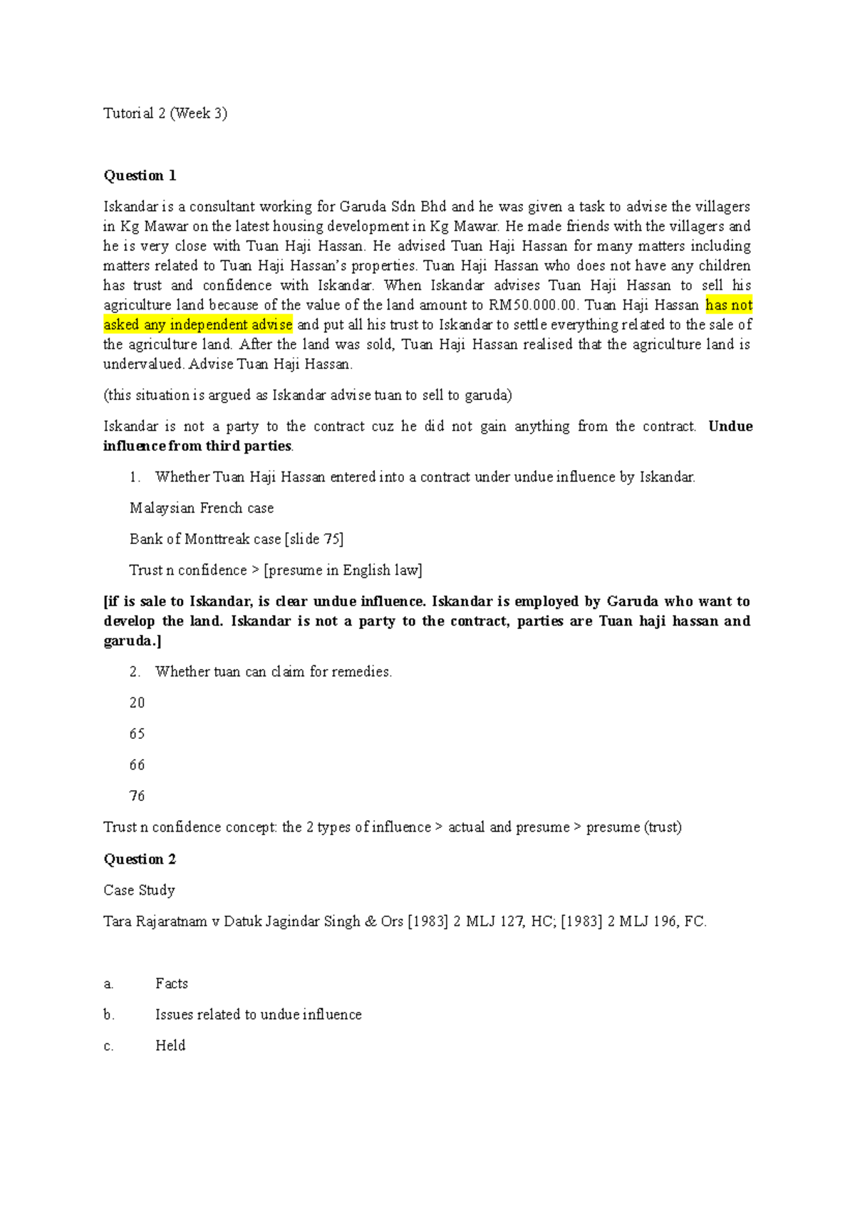 308864 Tutorial 2 (Week 3) - Contract Law II - MMU - Studocu