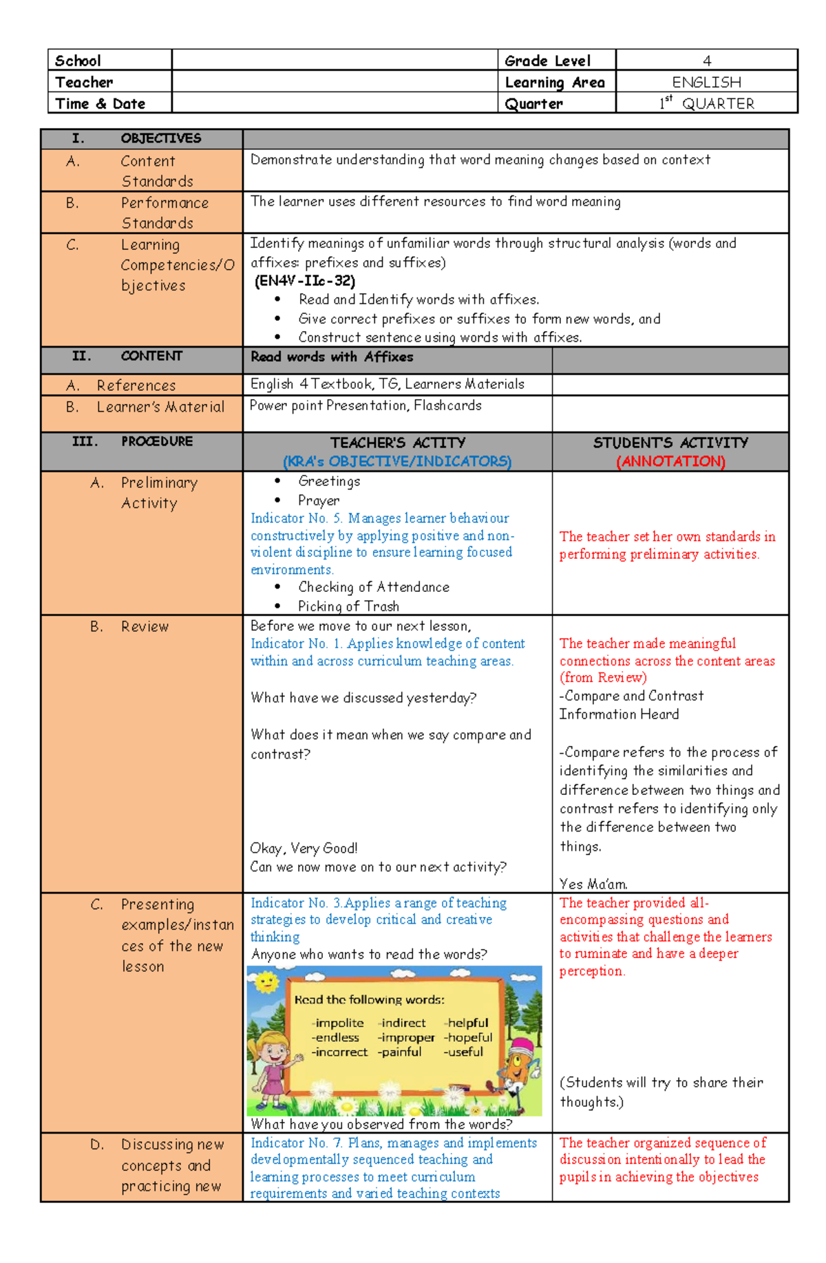 ENG 4 Q1 Afixes DLP - Lesson plan - School Grade Level 4 Teacher Learning Area ENGLISH Time ...