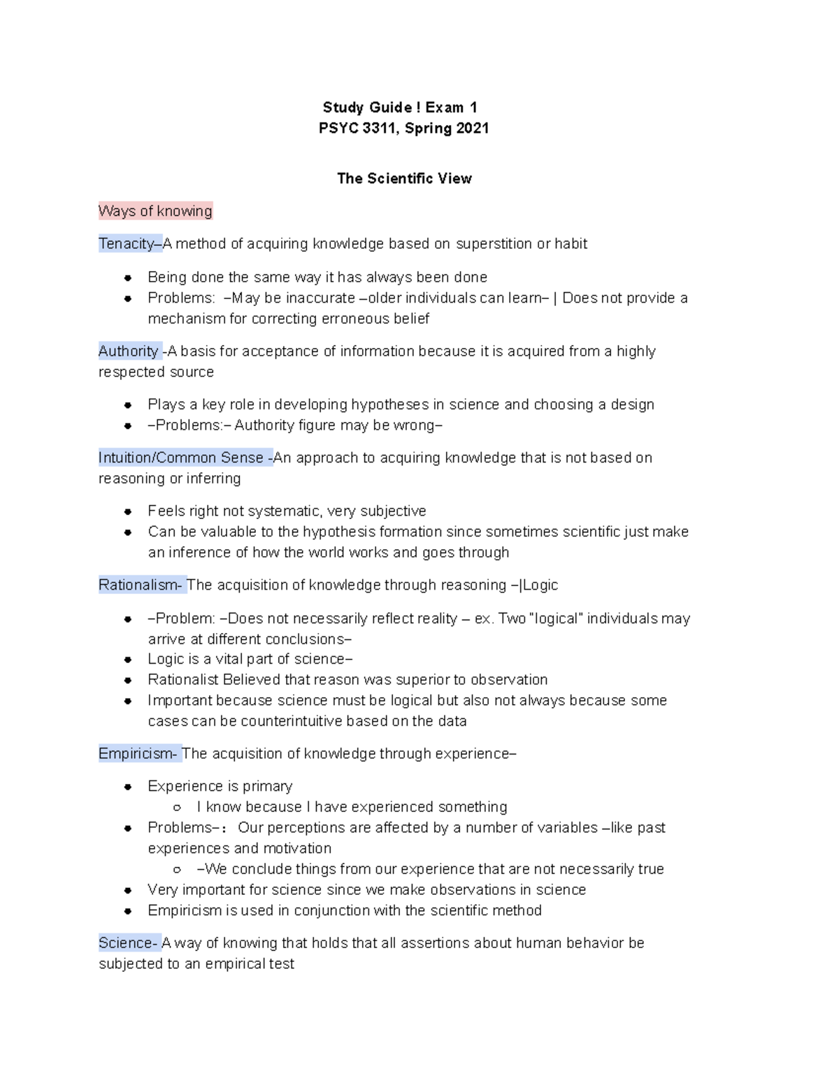 Research Methods exam1 study guide - Study Guide! Exam 1 PSYC 3311 ...