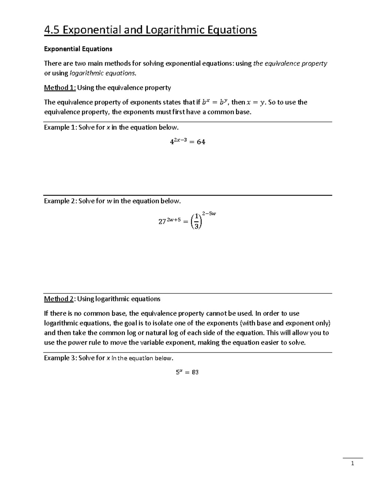 4.5 Exponential and Logarithmic Equations Lecture Worksheet ...