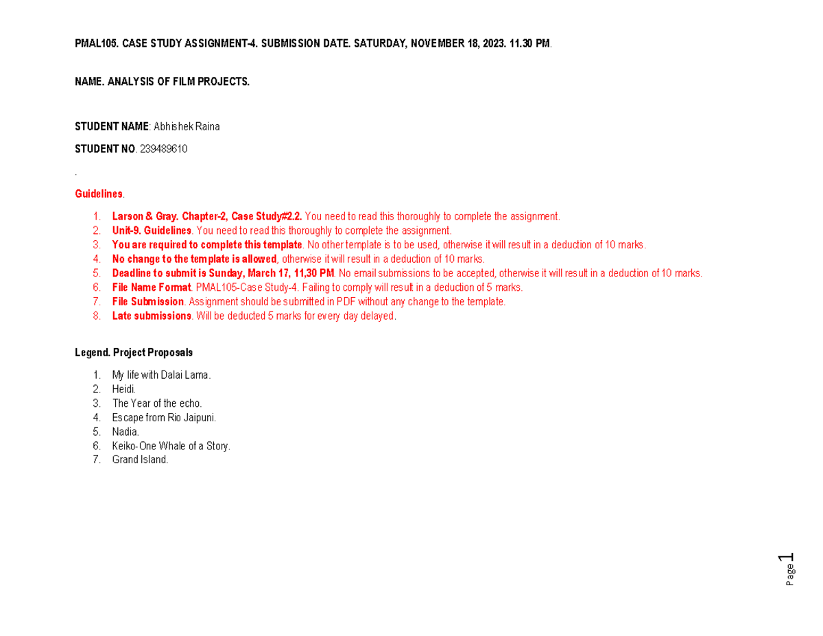 PMAL105-Case Study 4 - 1 NAME. ANALYSIS OF FILM PROJECTS. STUDENT NAME ...