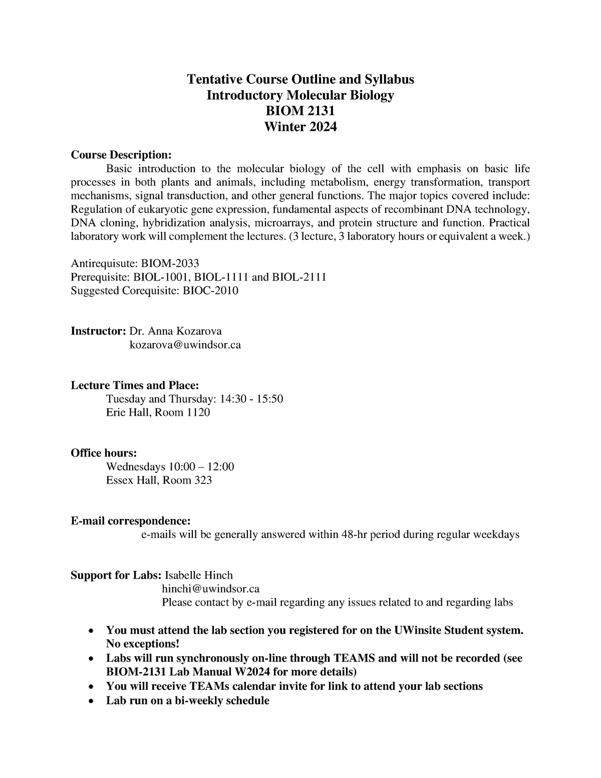 BIOM2131 Tentative Syllabus W2024 - Tentative Course Outline And ...