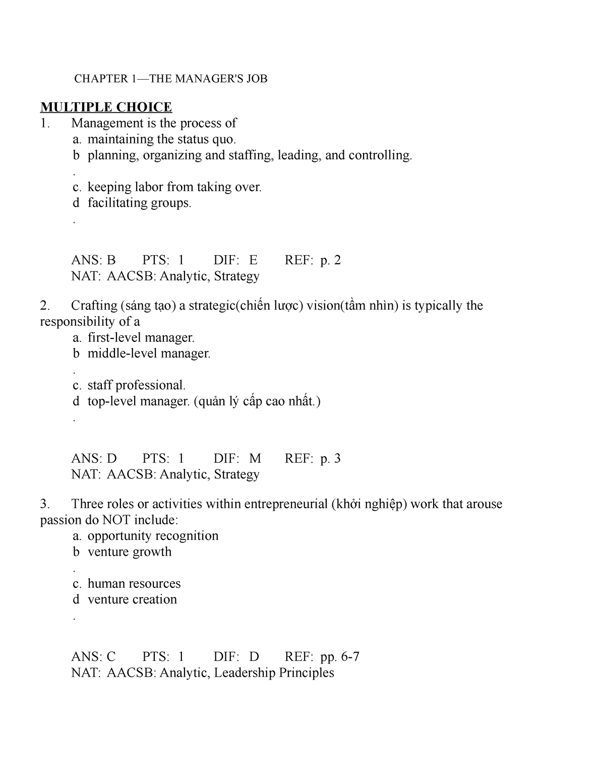 MGT103 - Source - Tài Liệu Final - CHAPTER 1—THE MANAGER'S JOB MULTIPLE ...