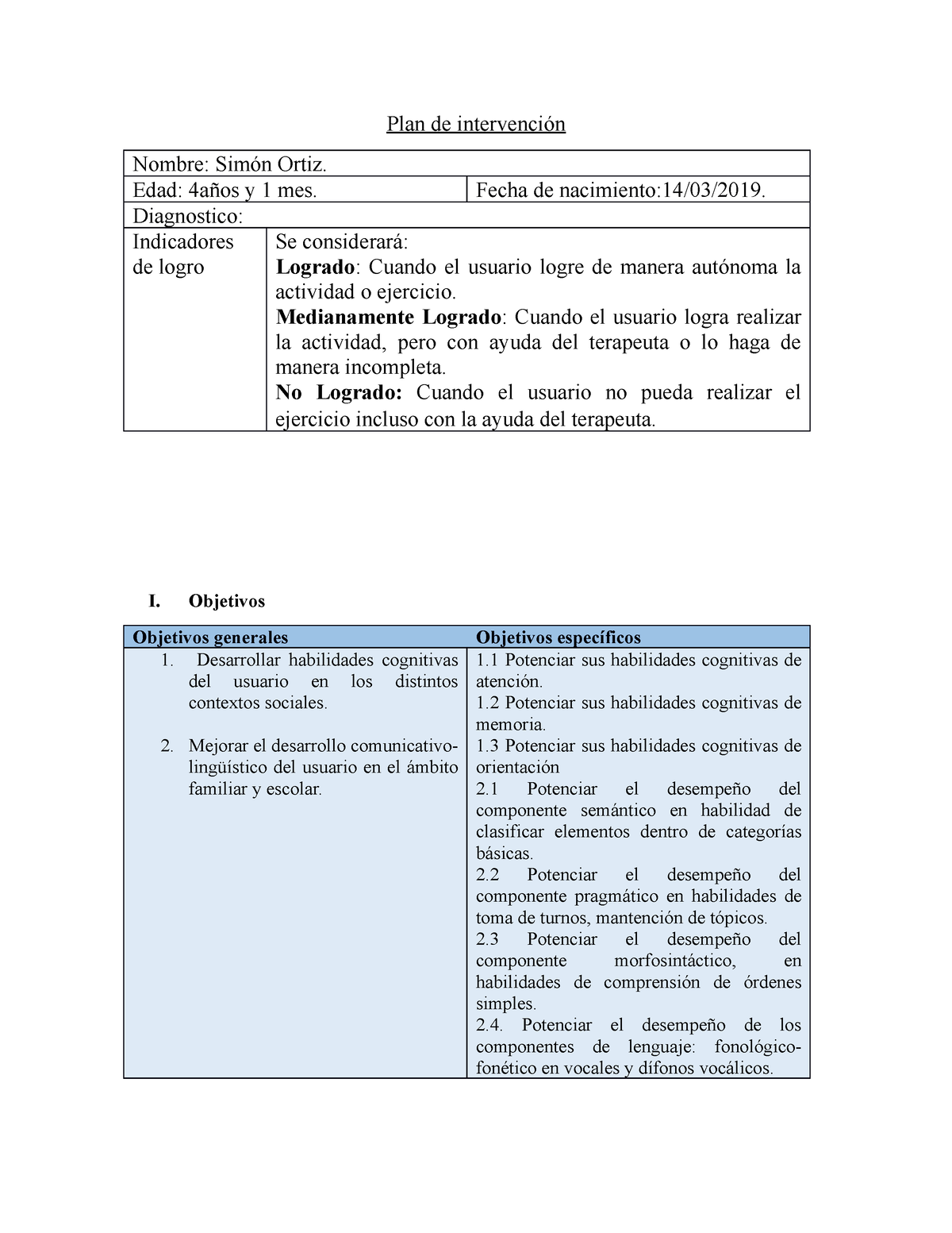 Plan De Intervención Plan De Intervención Nombre Simón Ortiz Edad 4años Y 1 Mes Fecha De 9966