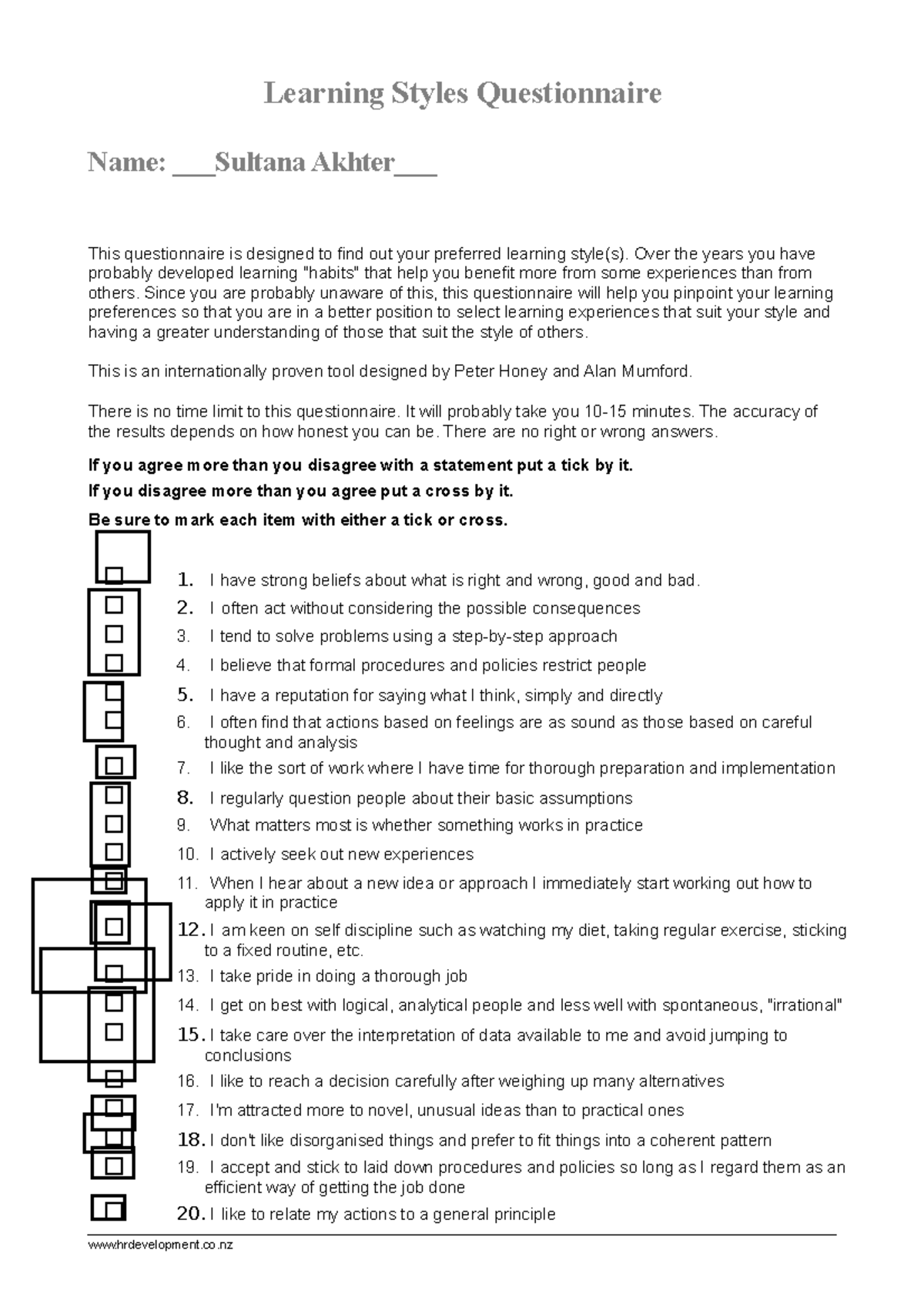 Learning Styles Questionnaire Honey And Mumford Learning Styles Questionnaire Name Sultana 3429