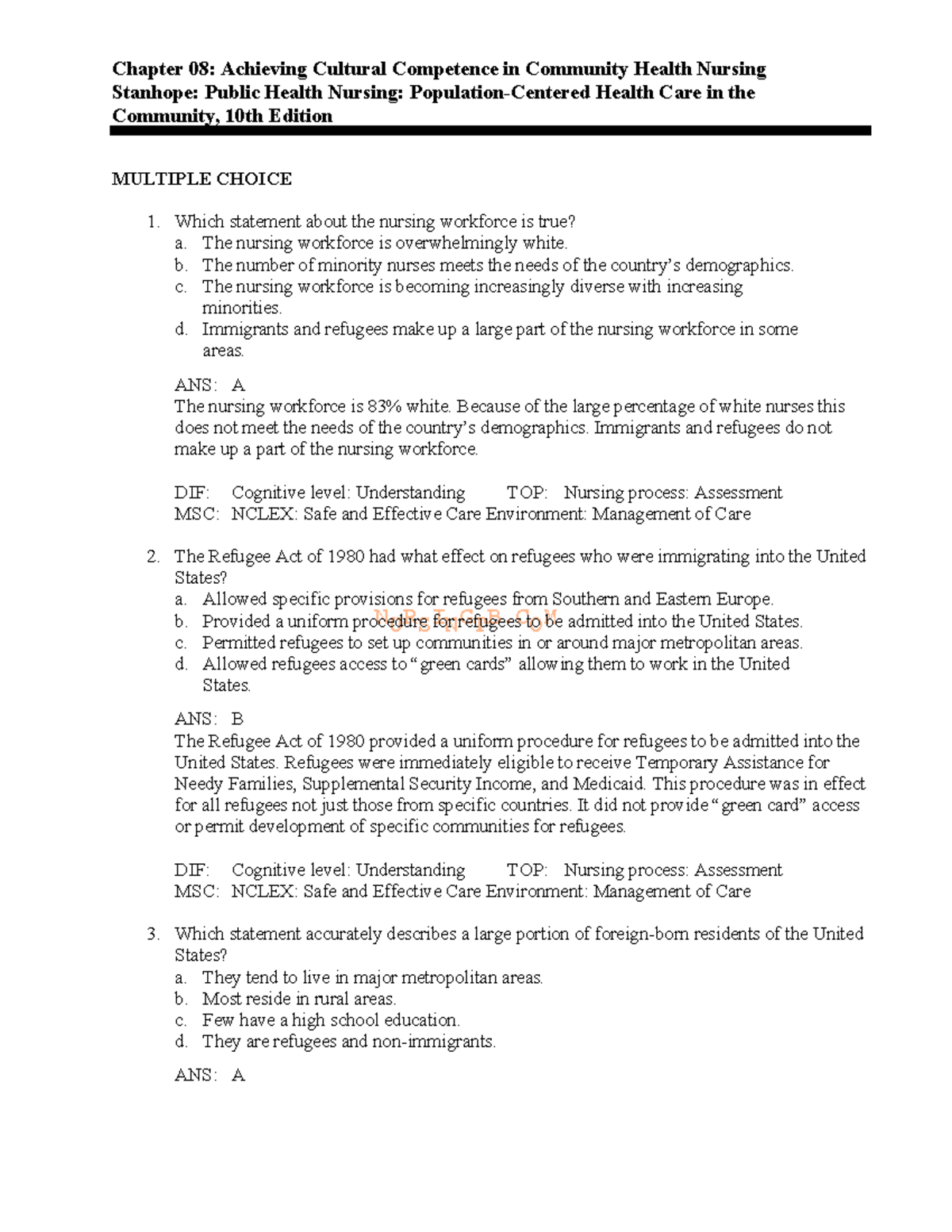 Stanhope Ch 8&9 - NURSINGTB Chapter 08: Achieving Cultural Competence ...