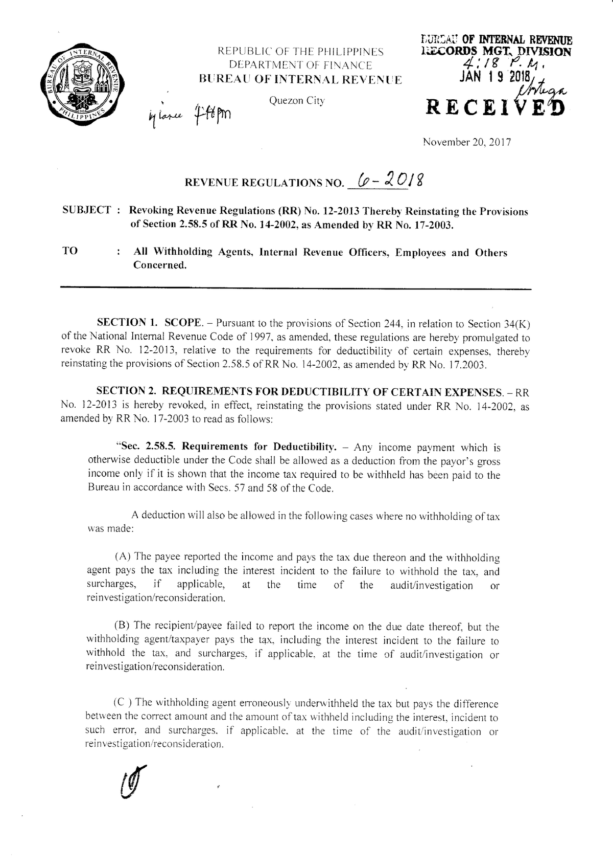 BIR Revenue Regulation No. 6-2018 Amending 2-98 - \L" Ttrrn, November ...