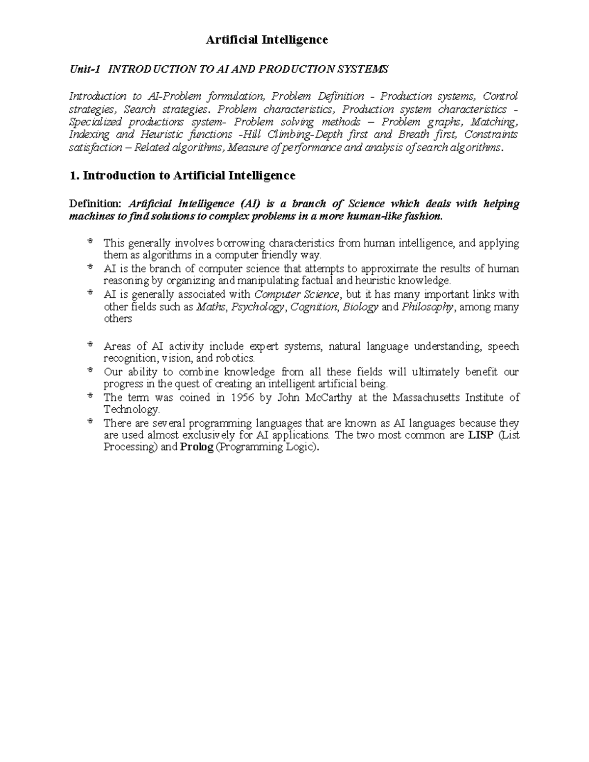 AI-Notes general - Artificial Intelligence Unit-1 INTRODUCTION TO AI ...