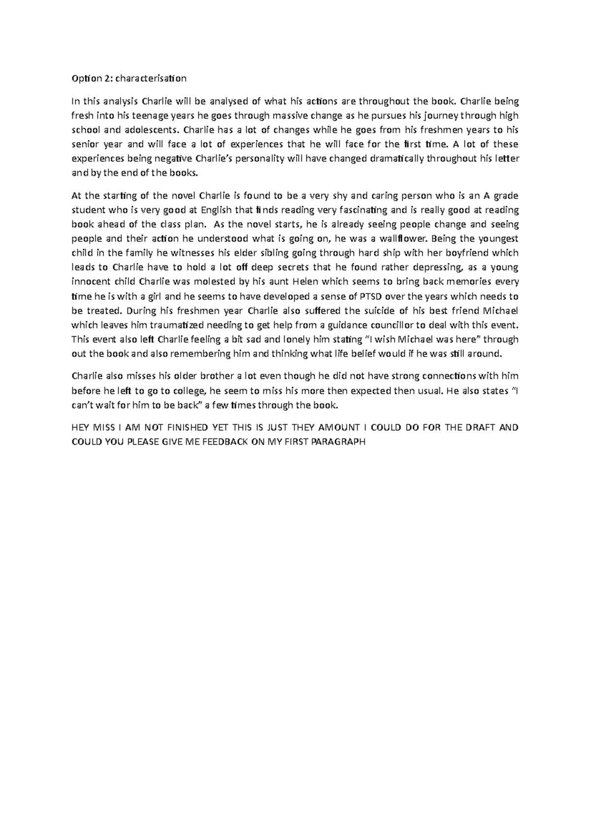 the perks of being a wall flower assignment Option 2