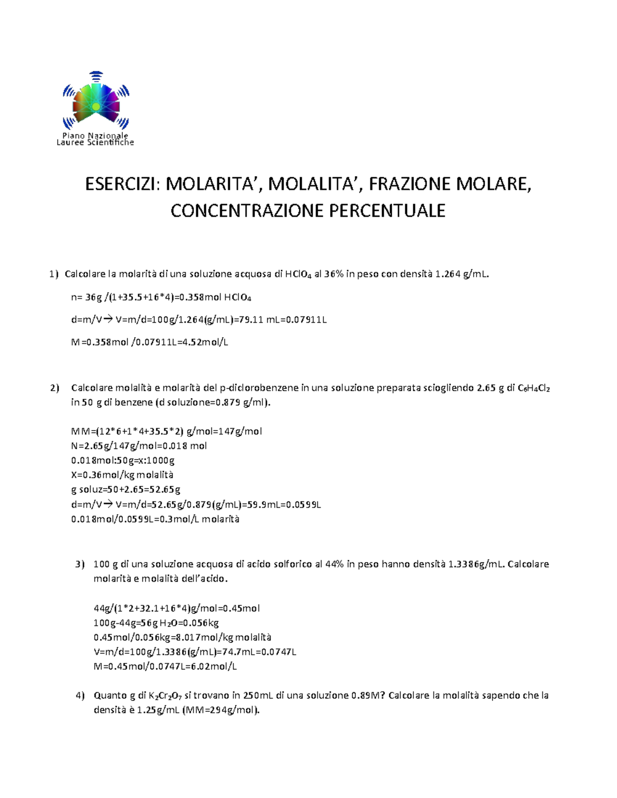 Concentrazioni Esercizi Sulla Concentrazione Esercizi Molarita