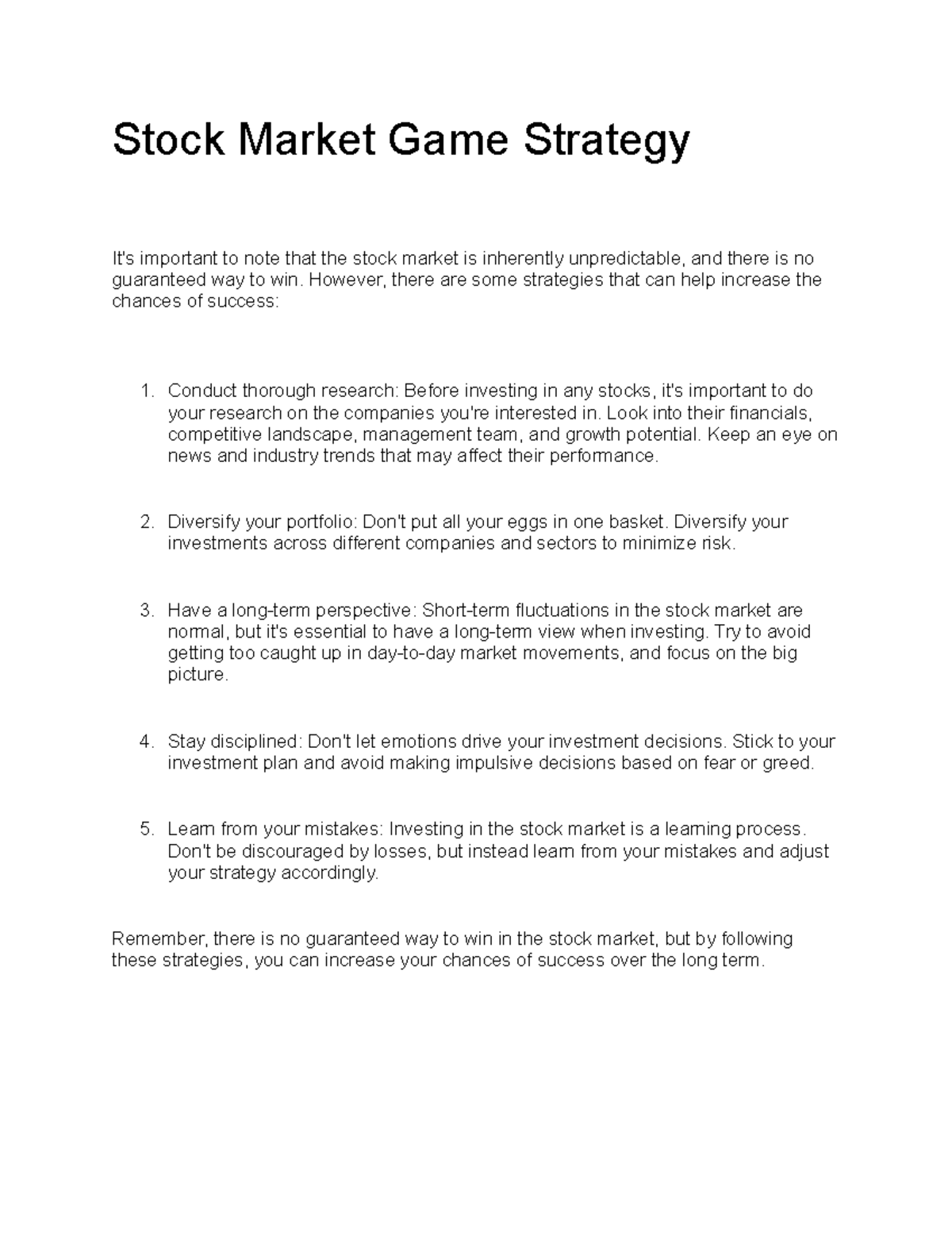 ECN 440 Stock market game Stock Market Game Strategy It's important