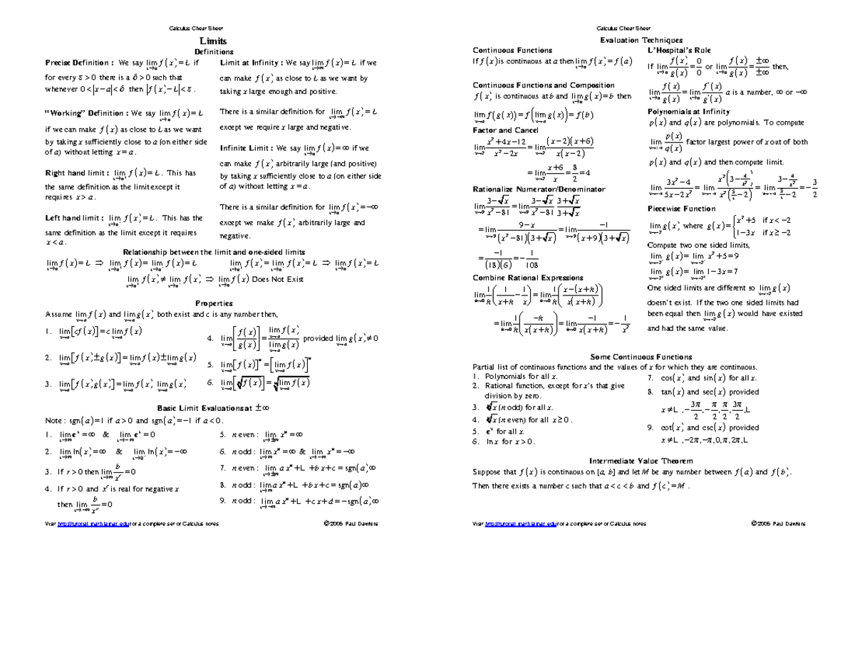 Calculus Cheat Sheet Limits Definitions Precise Definition We Say Lim Xa Fxl Ae If For Studocu