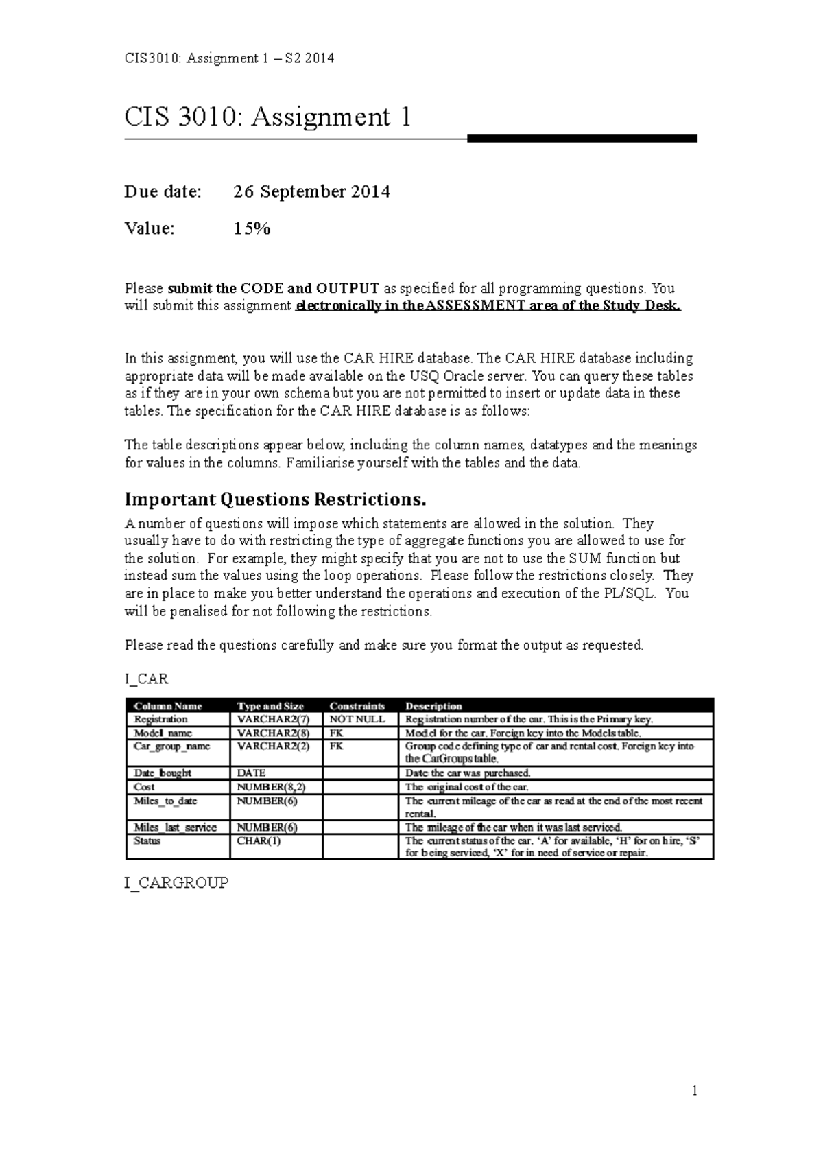 CIS3010 Assignment 1 2014 - CIS 3010: Assignment 1 Due date: 26 ...