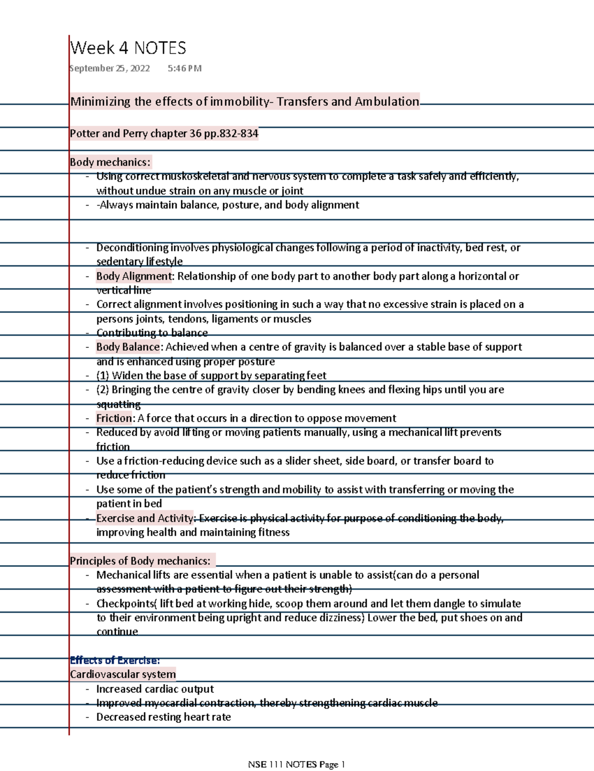 Week 4 Notes nse111 - Minimizing the effects of immobility- Transfers ...