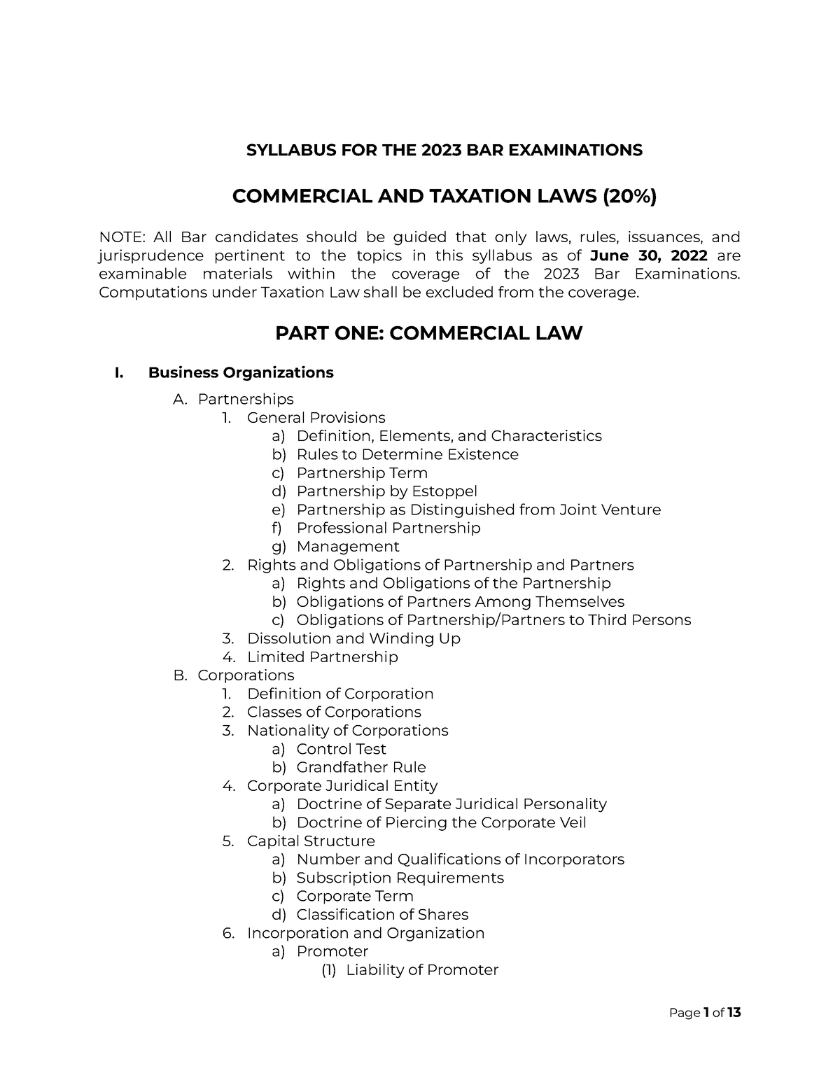 Commercial law Syllabus 2023 SYLLABUS FOR THE 2023 BAR EXAMINATIONS