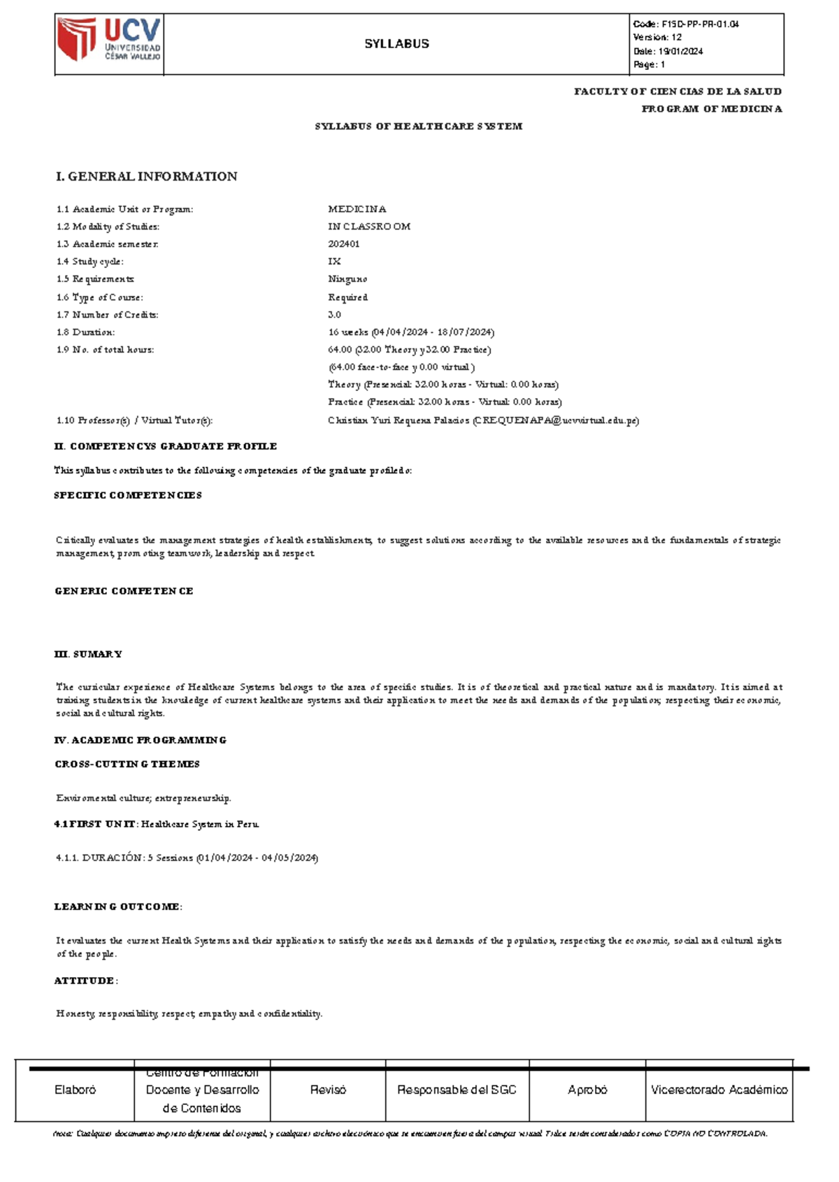 Silabo Healthcare System - SYLLABUS Version: 12 Date: 19/01/ Page: 1 ...