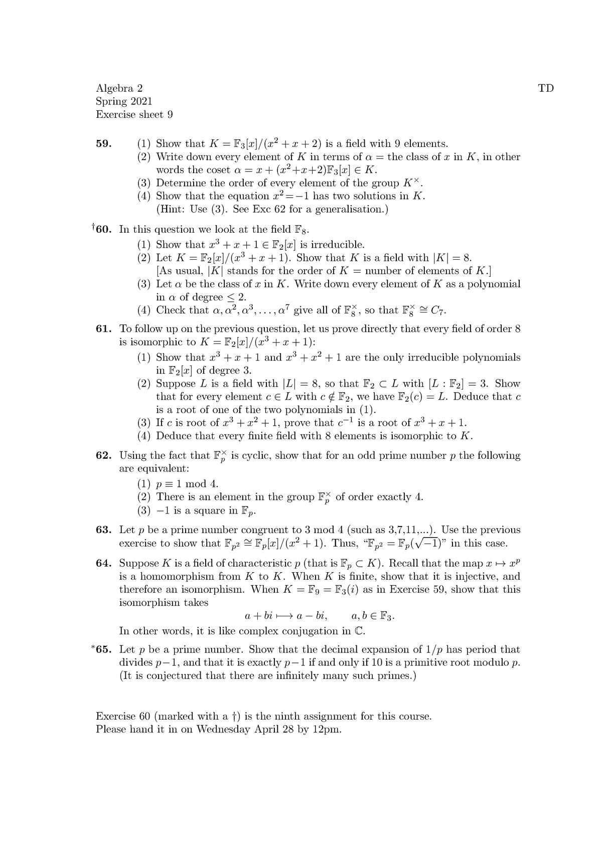 Algebra 2 Problem Sheet 9 - Algebra 2 TD Spring 2021 Exercise sheet 9 ...